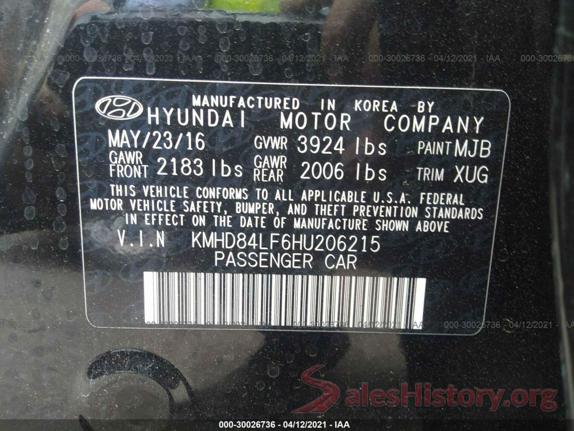 KMHD84LF6HU206215 2017 HYUNDAI ELANTRA