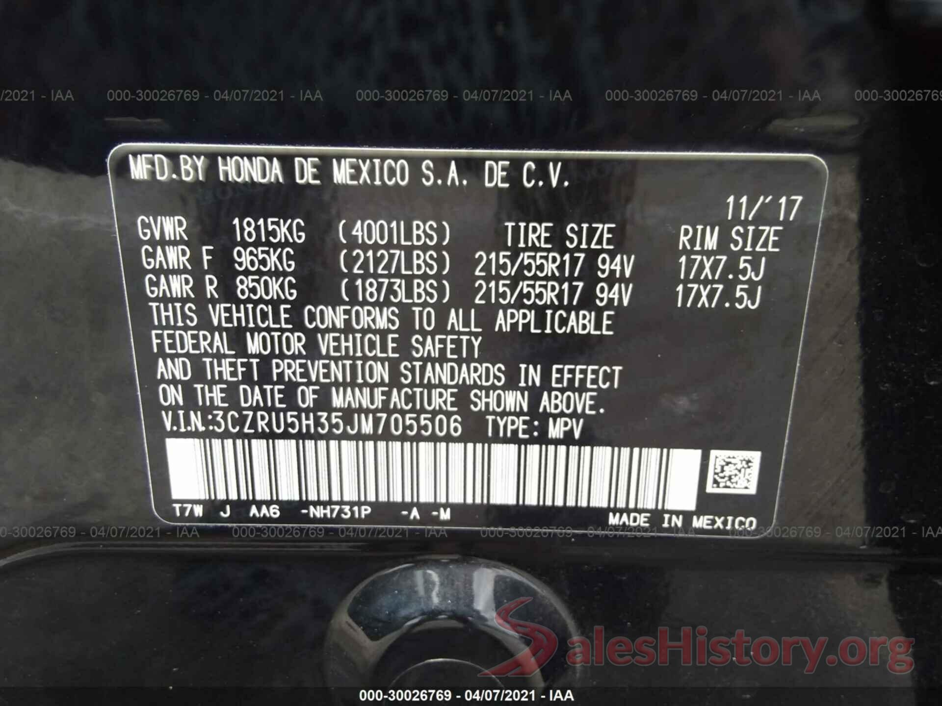 3CZRU5H35JM705506 2018 HONDA HR-V