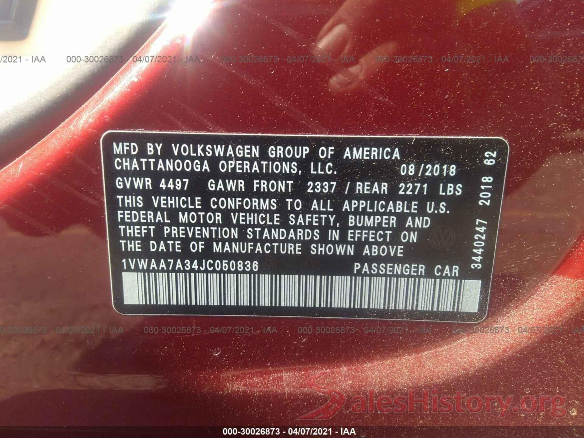 1VWAA7A34JC050836 2018 VOLKSWAGEN PASSAT