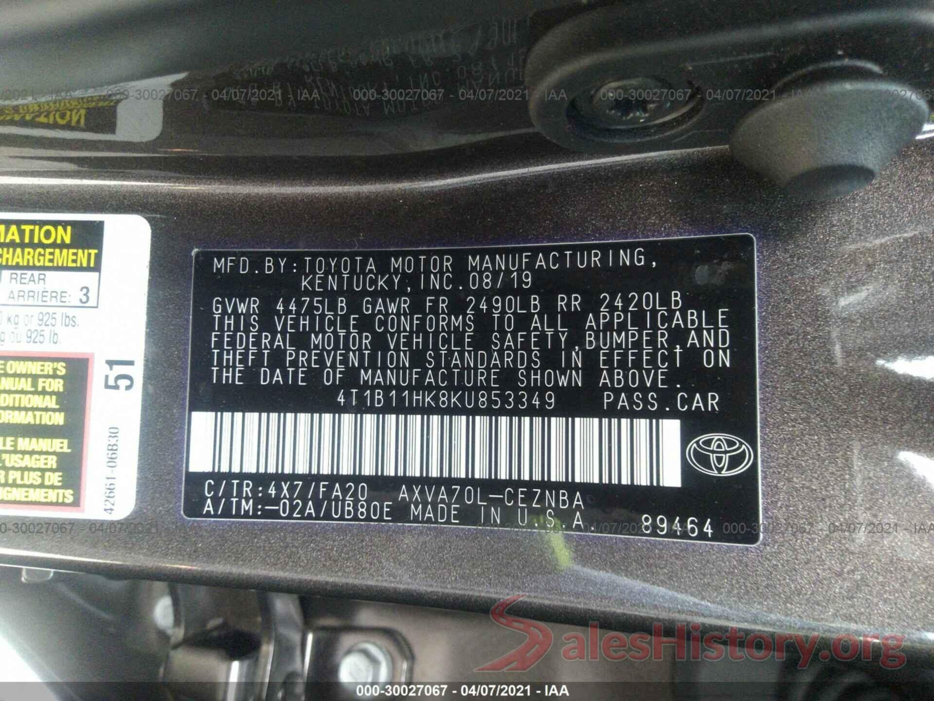 4T1B11HK8KU853349 2019 TOYOTA CAMRY