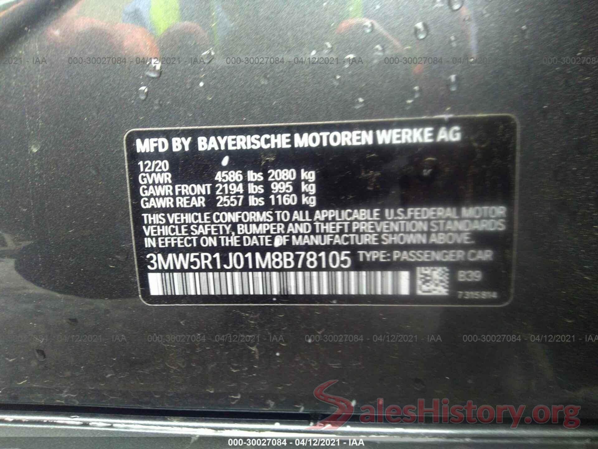 3MW5R1J01M8B78105 2021 BMW 3 SERIES