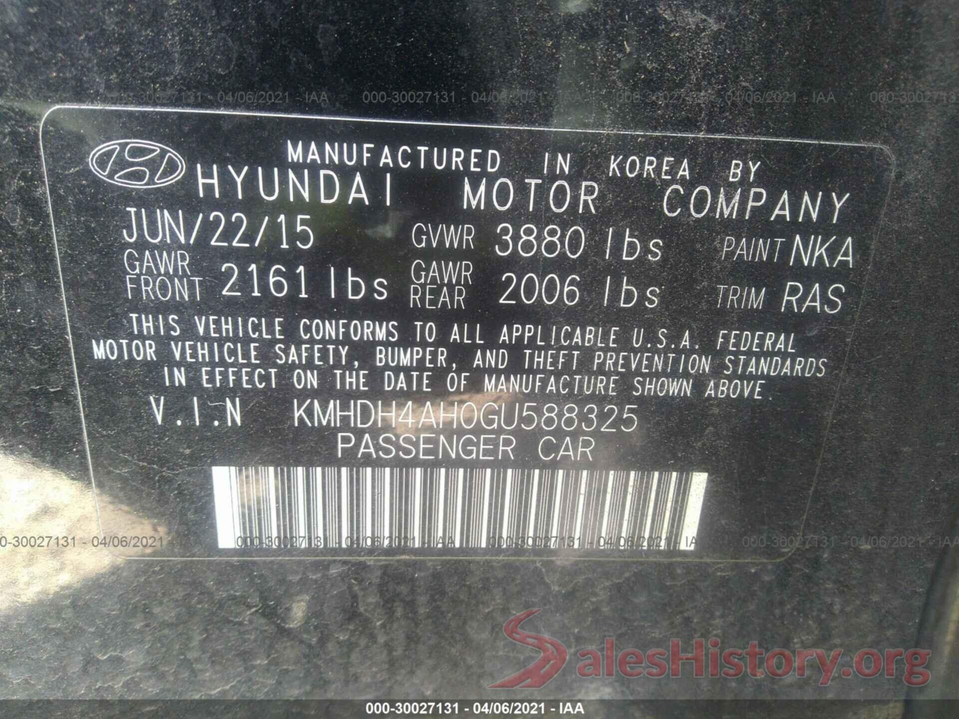 KMHDH4AH0GU588325 2016 HYUNDAI ELANTRA