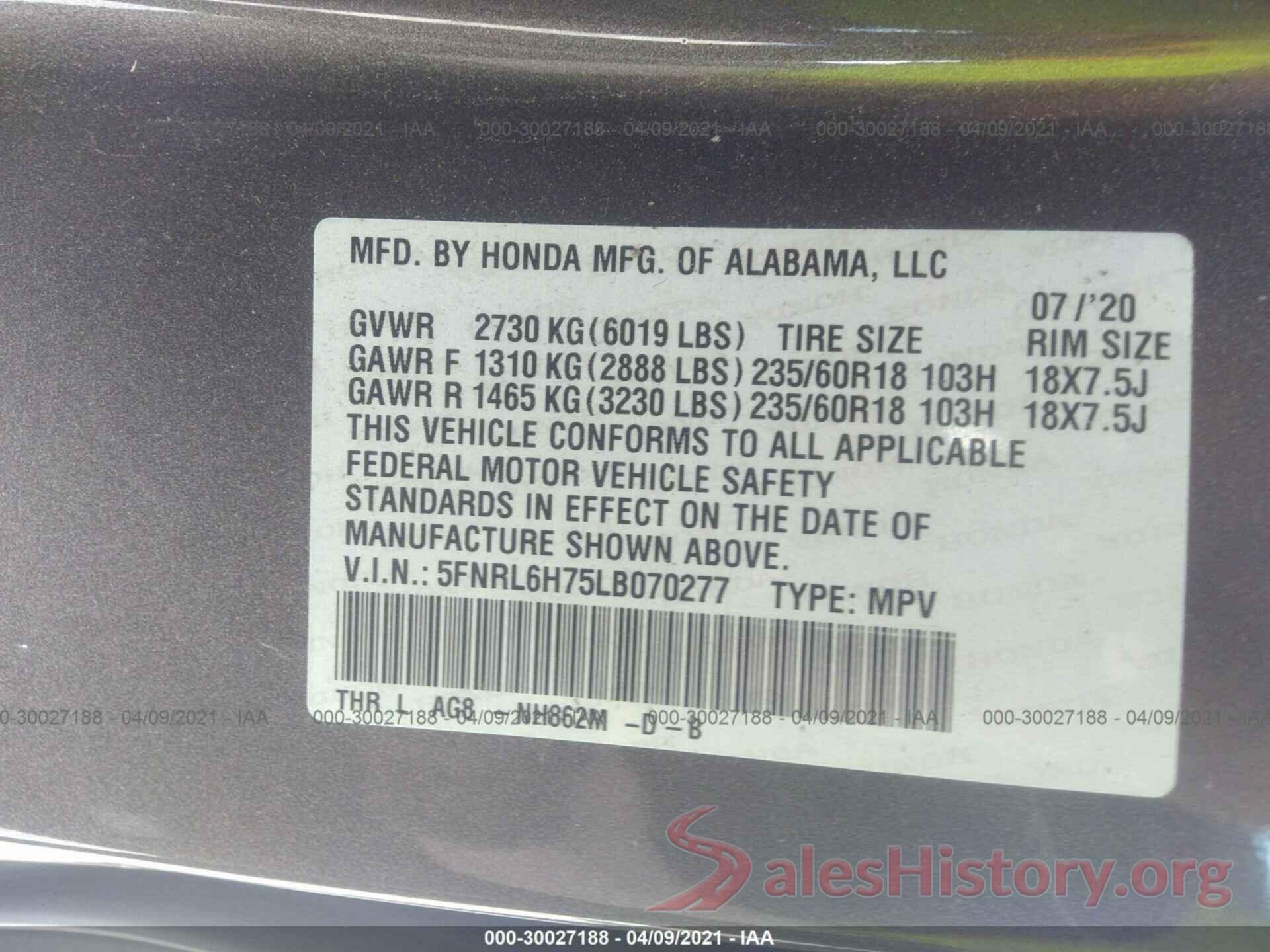 5FNRL6H75LB070277 2020 HONDA ODYSSEY