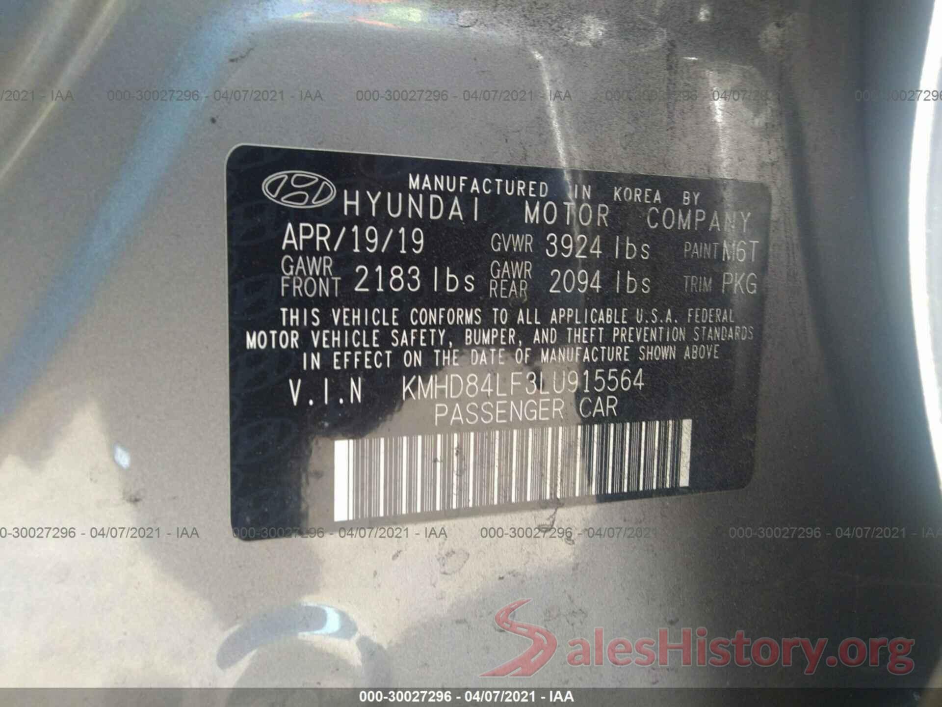 KMHD84LF3LU915564 2020 HYUNDAI ELANTRA