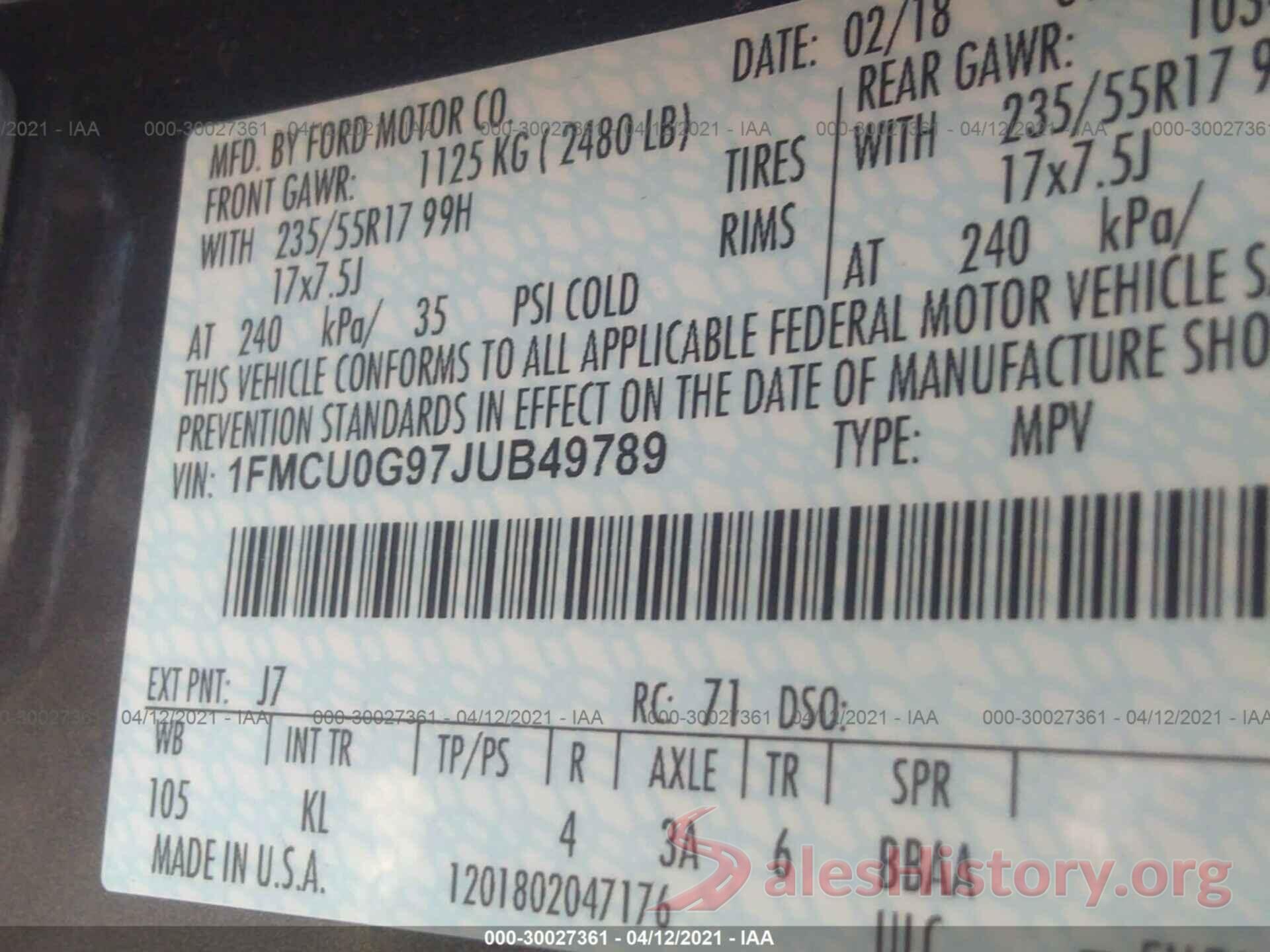 1FMCU0G97JUB49789 2018 FORD ESCAPE