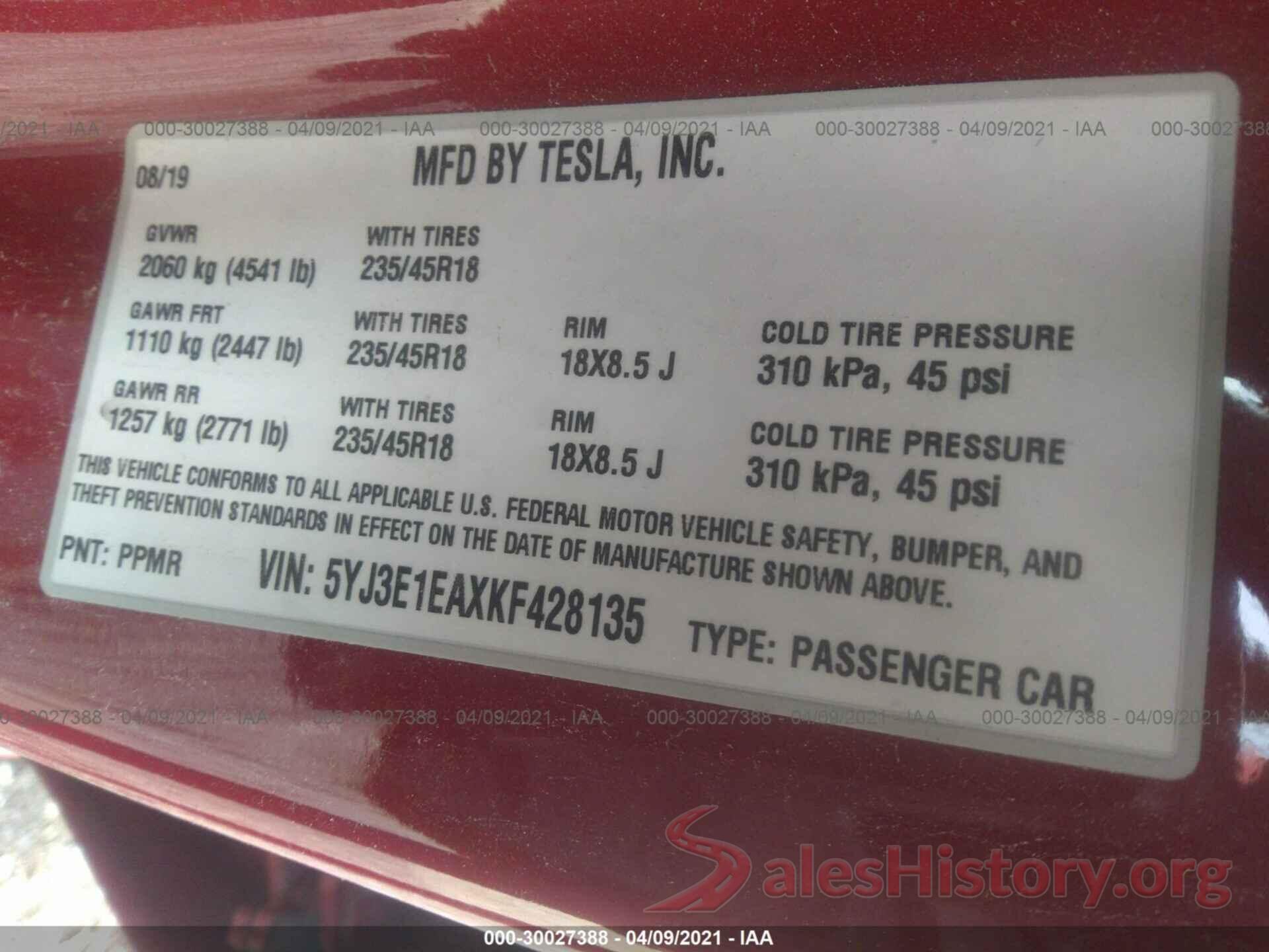 5YJ3E1EAXKF428135 2019 TESLA MODEL 3