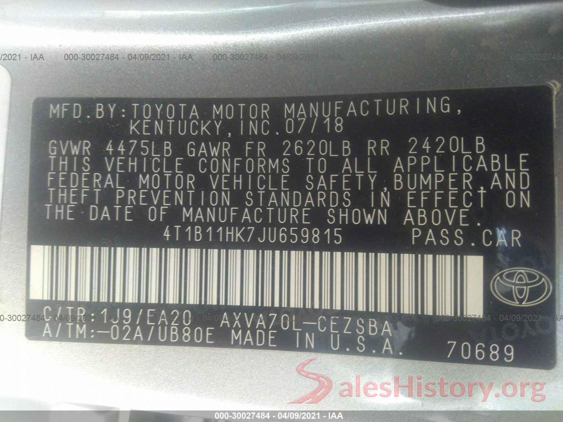 4T1B11HK7JU659815 2018 TOYOTA CAMRY