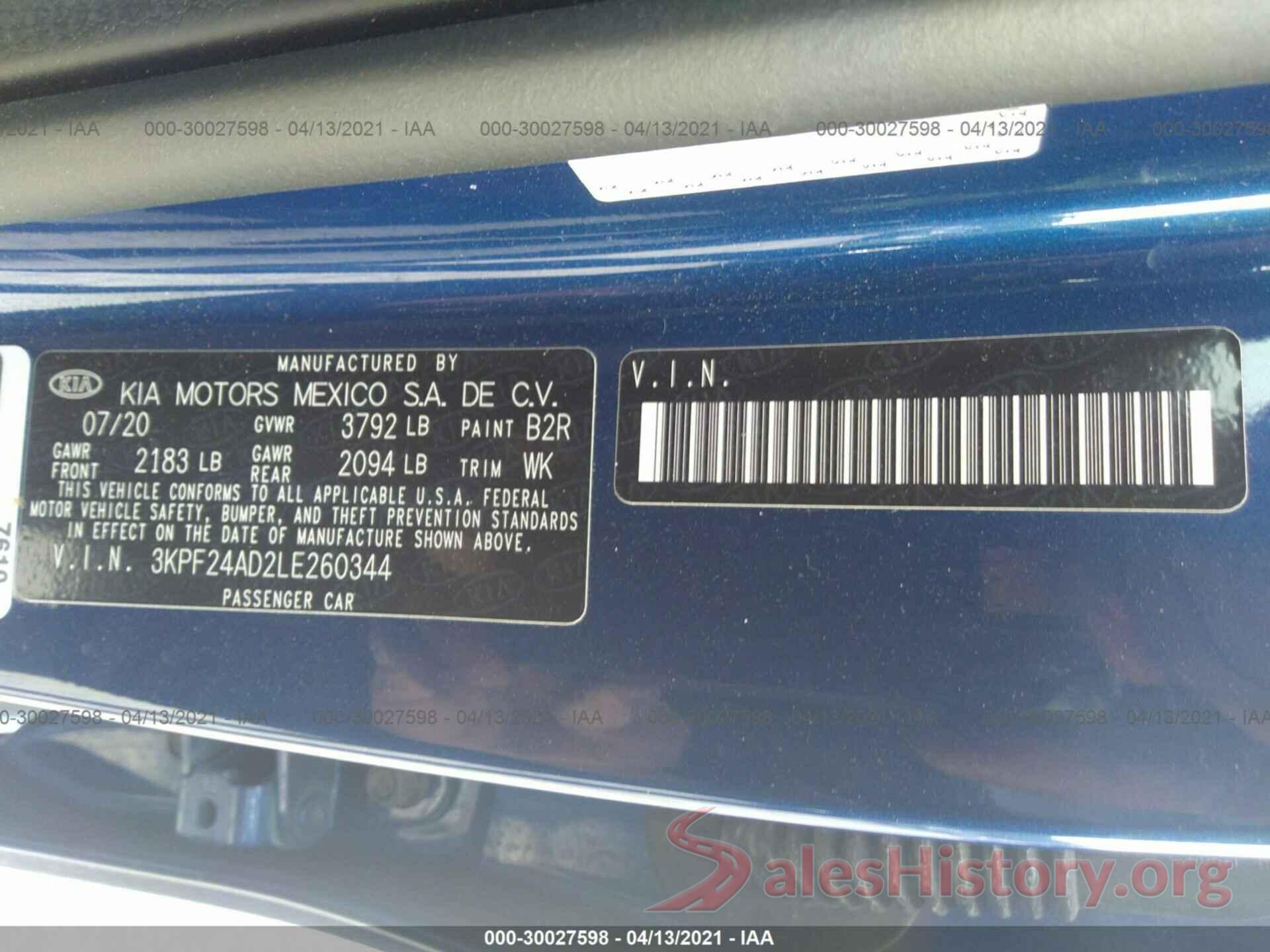 3KPF24AD2LE260344 2020 KIA FORTE