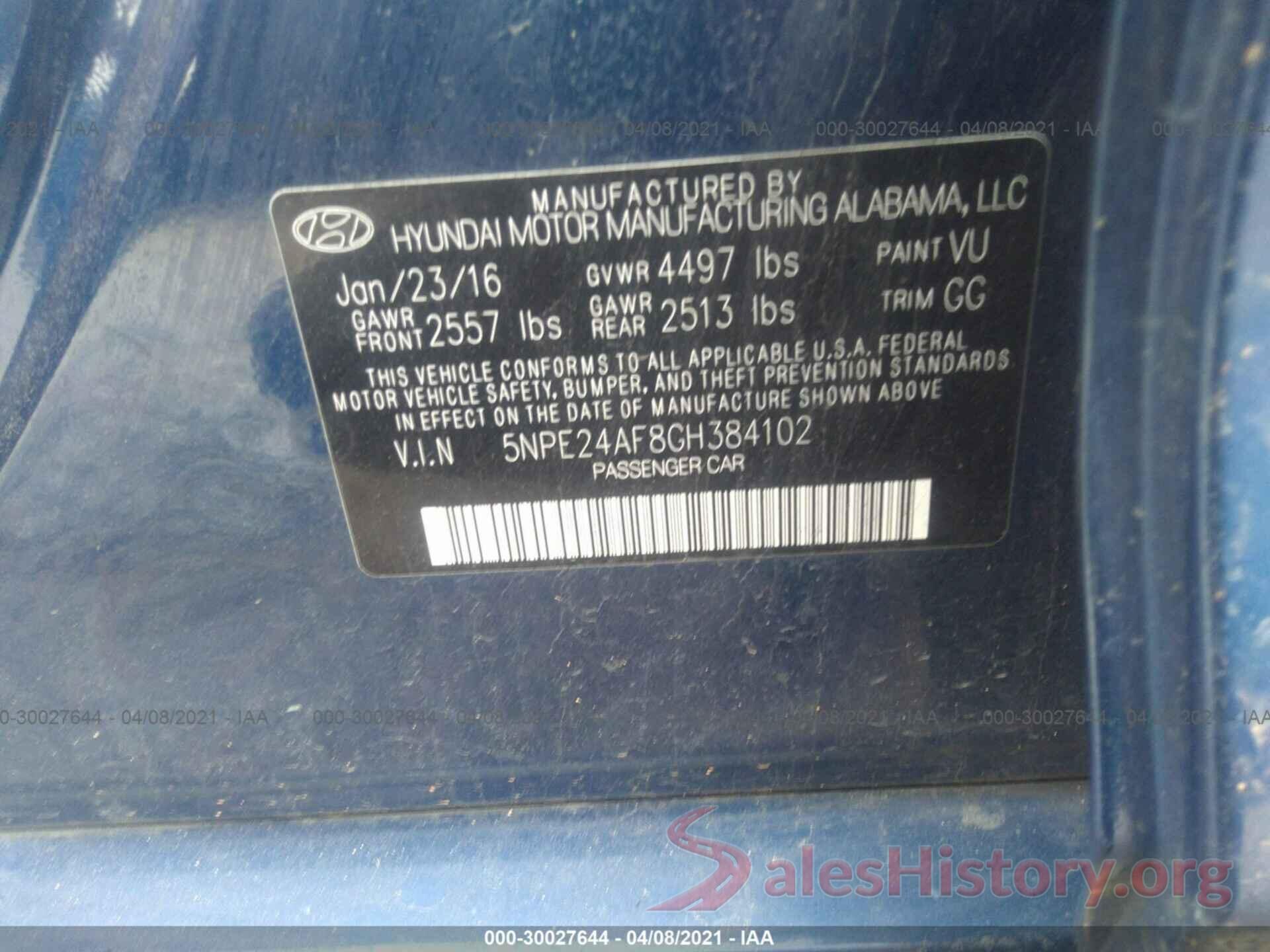 5NPE24AF8GH384102 2016 HYUNDAI SONATA