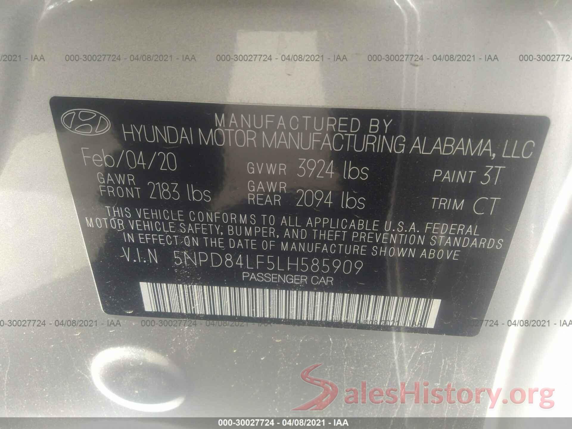 5NPD84LF5LH585909 2020 HYUNDAI ELANTRA