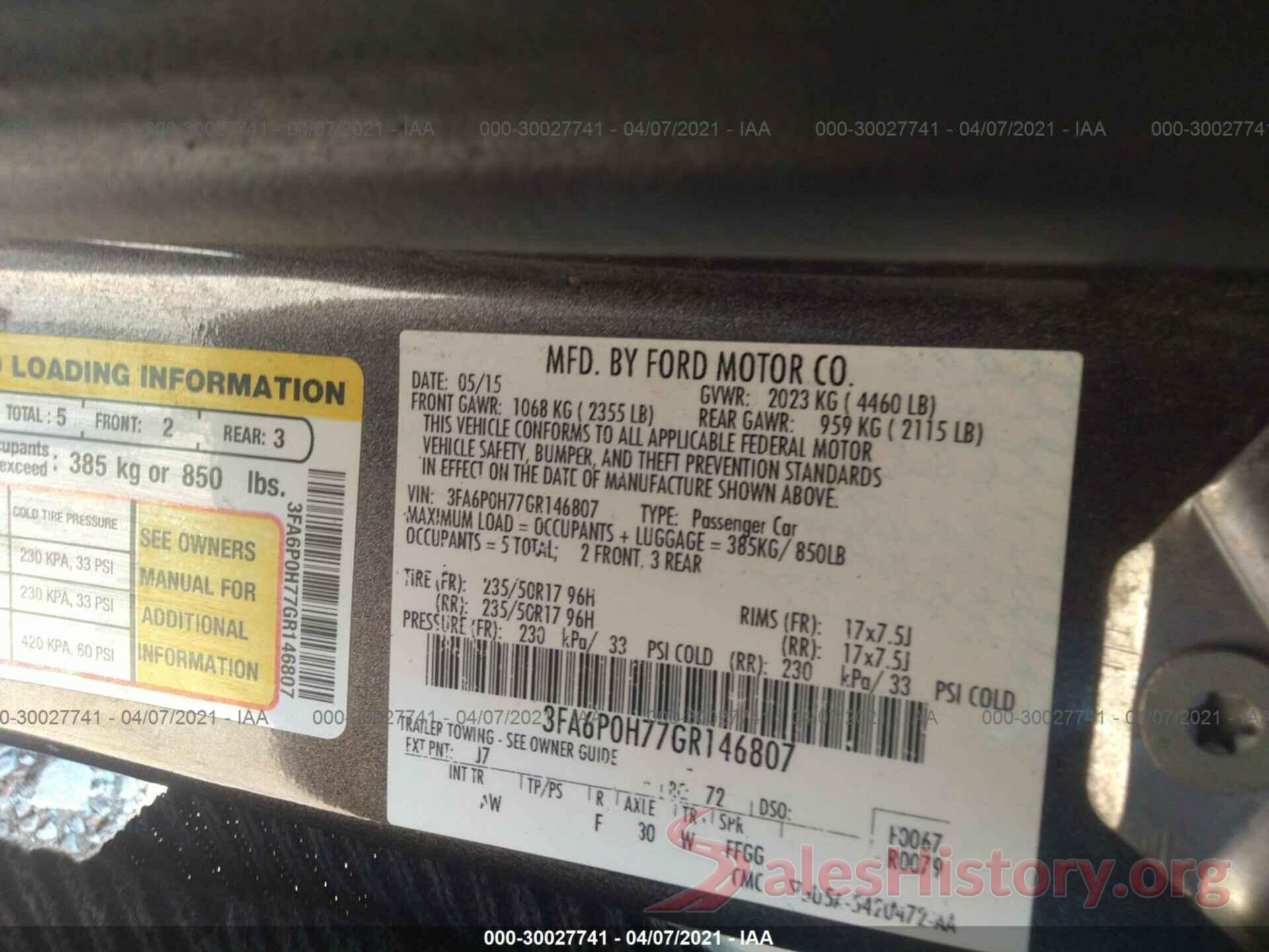 3FA6P0H77GR146807 2016 FORD FUSION