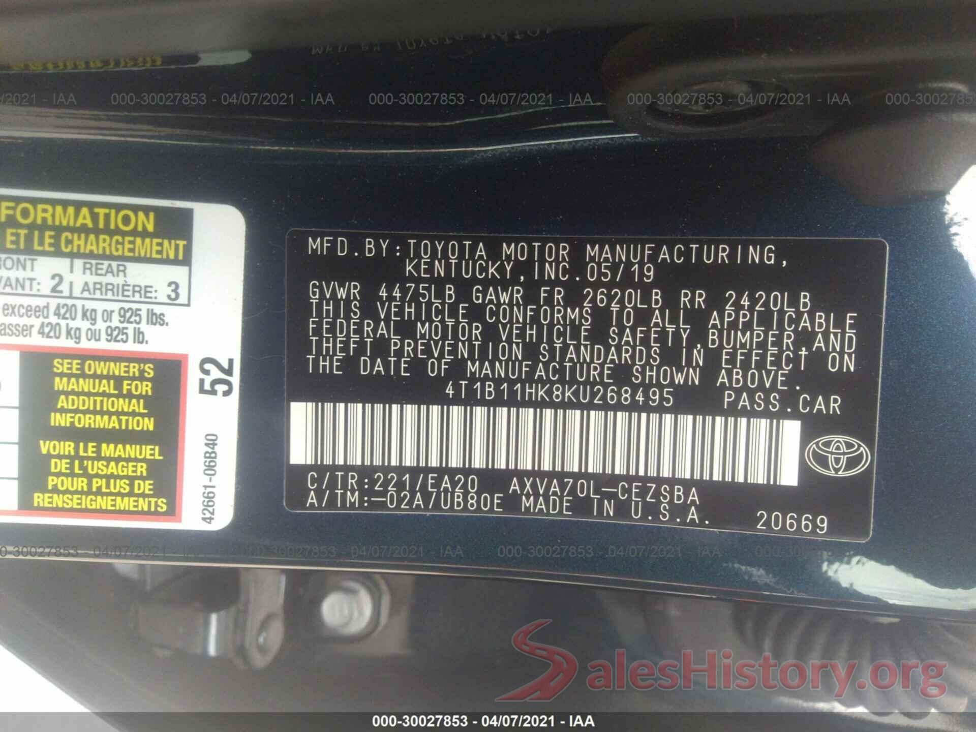 4T1B11HK8KU268495 2019 TOYOTA CAMRY