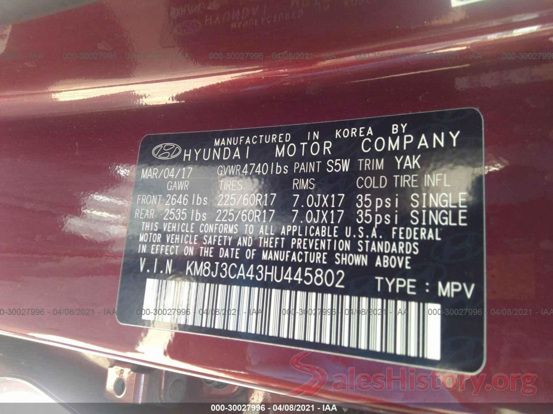 KM8J3CA43HU445802 2017 HYUNDAI TUCSON