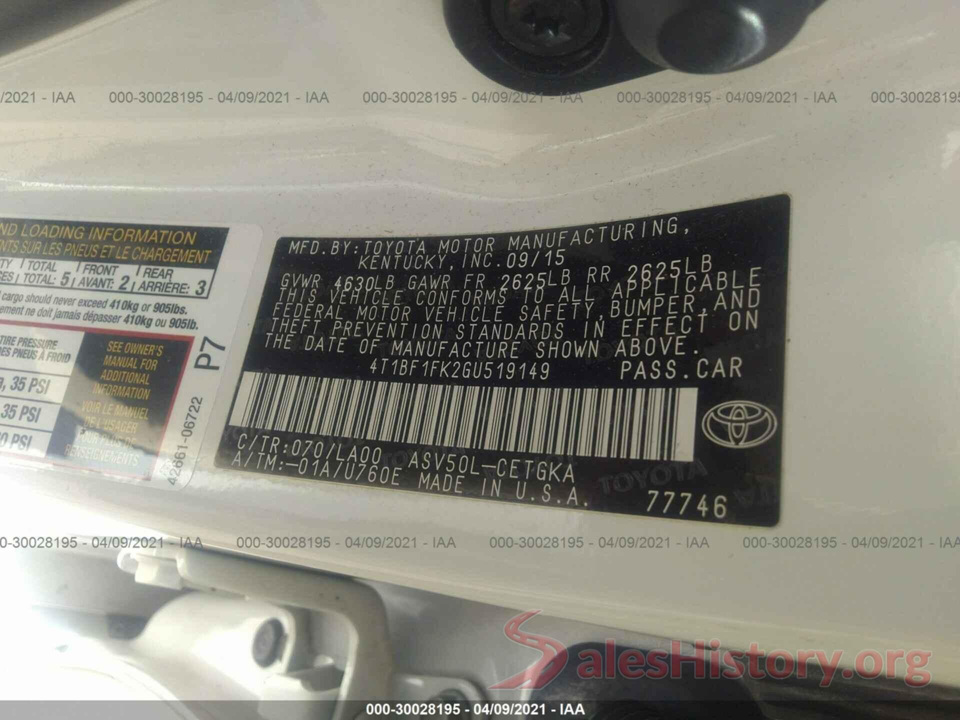 4T1BF1FK2GU519149 2016 TOYOTA CAMRY