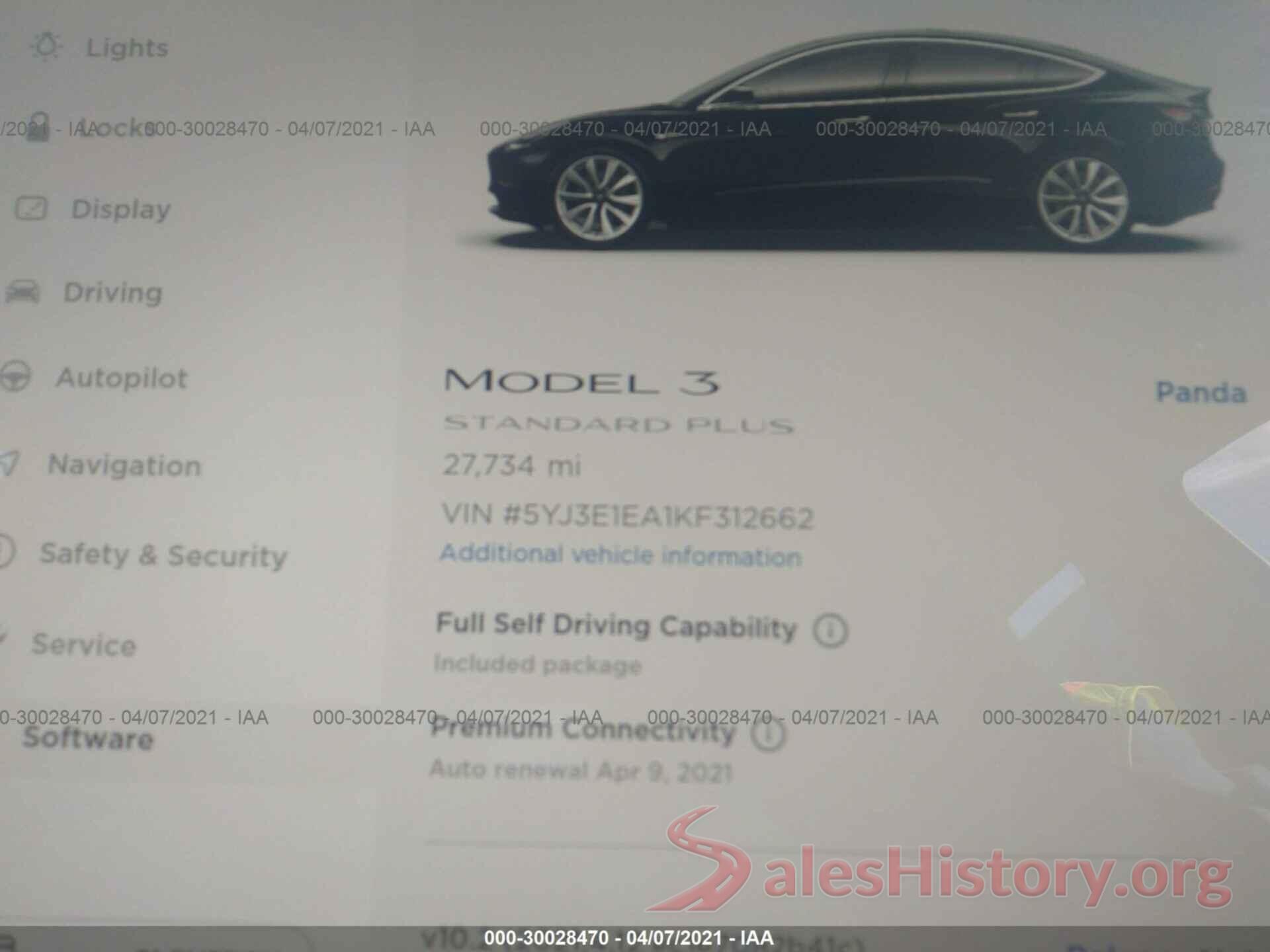 5YJ3E1EA1KF312662 2019 TESLA MODEL 3