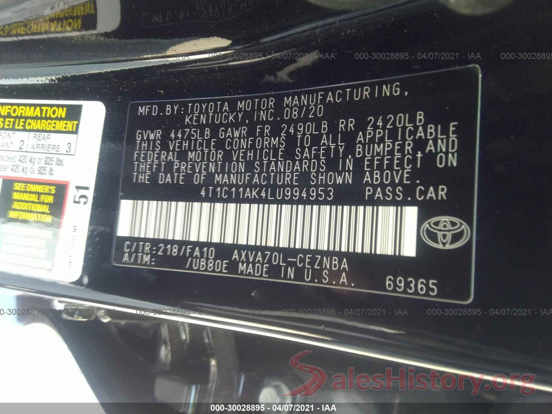 4T1C11AK4LU994953 2020 TOYOTA CAMRY