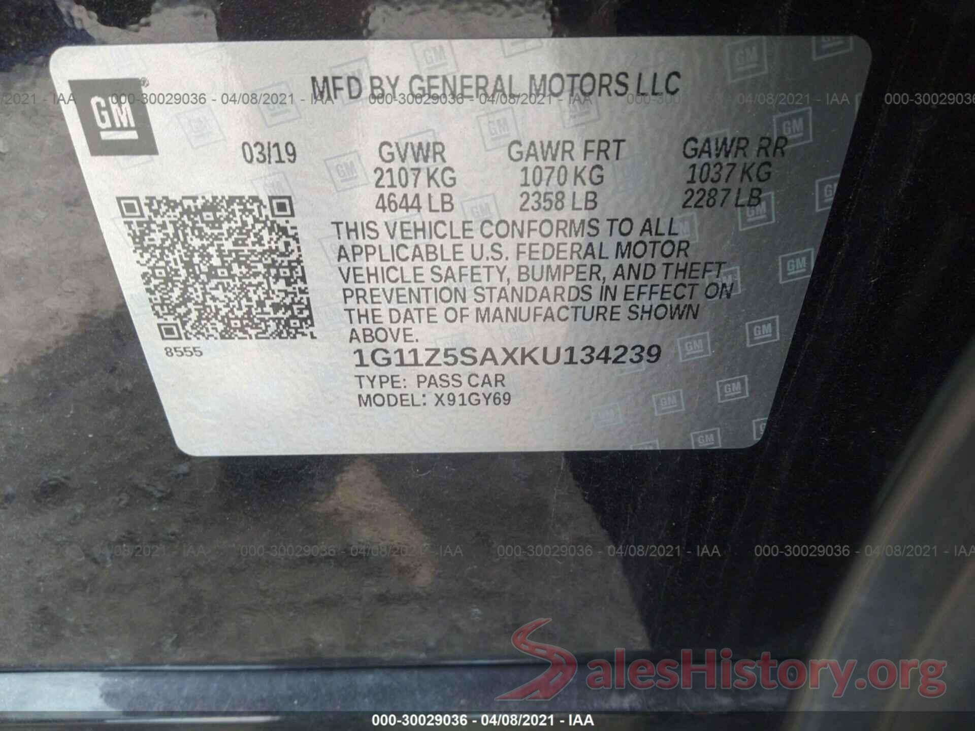 1G11Z5SAXKU134239 2019 CHEVROLET IMPALA