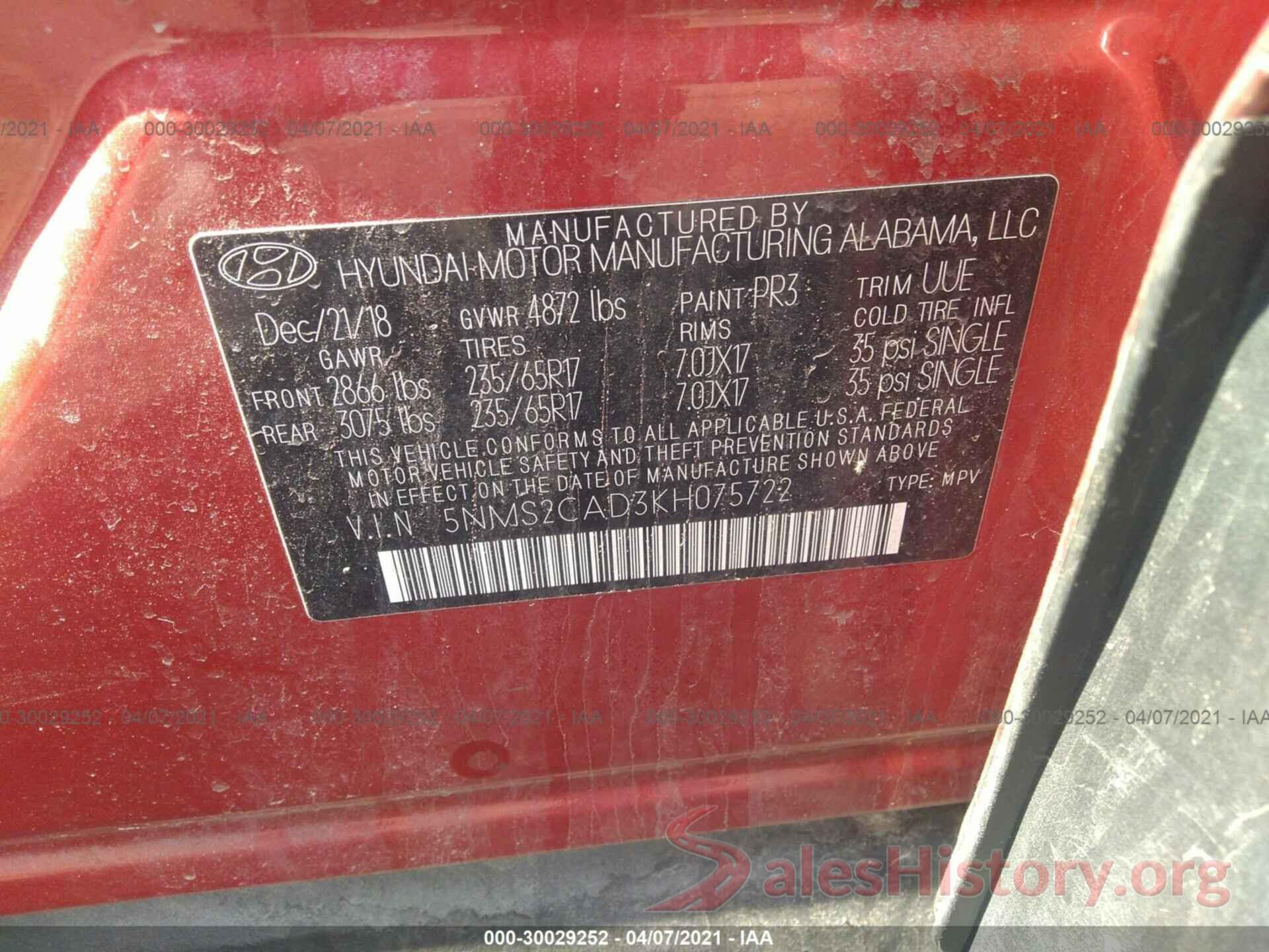 5NMS2CAD3KH075722 2019 HYUNDAI SANTA FE