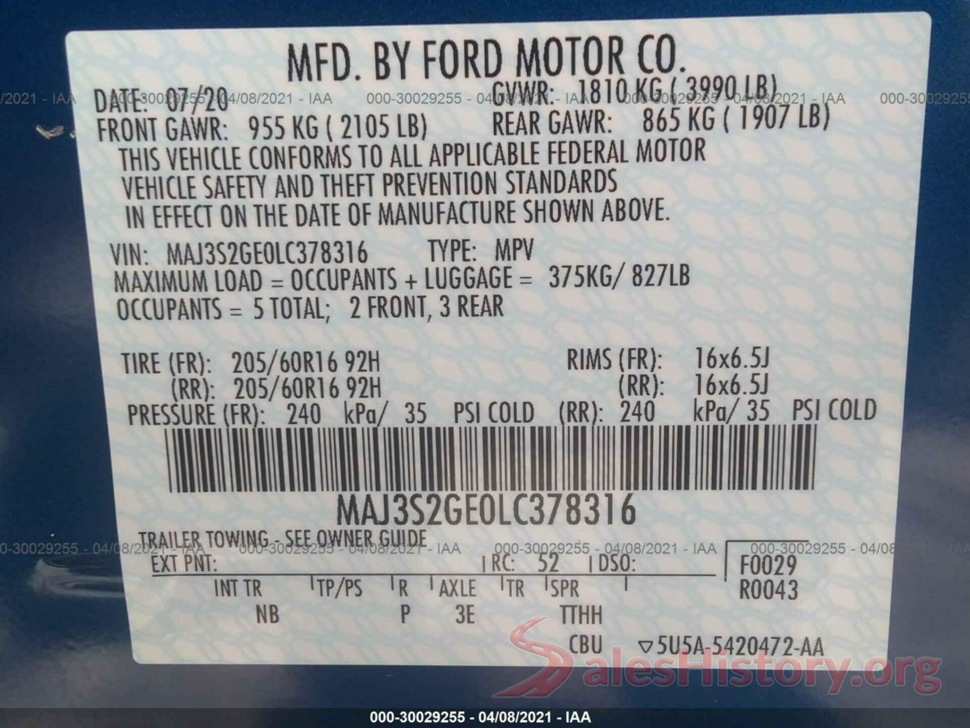 MAJ3S2GE0LC378316 2020 FORD ECOSPORT