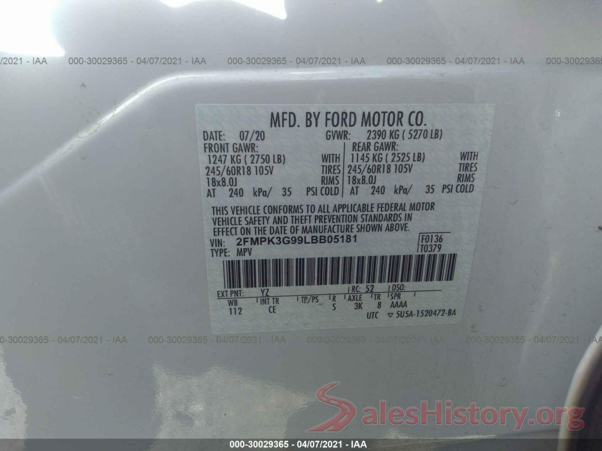 2FMPK3G99LBB05181 2020 FORD EDGE