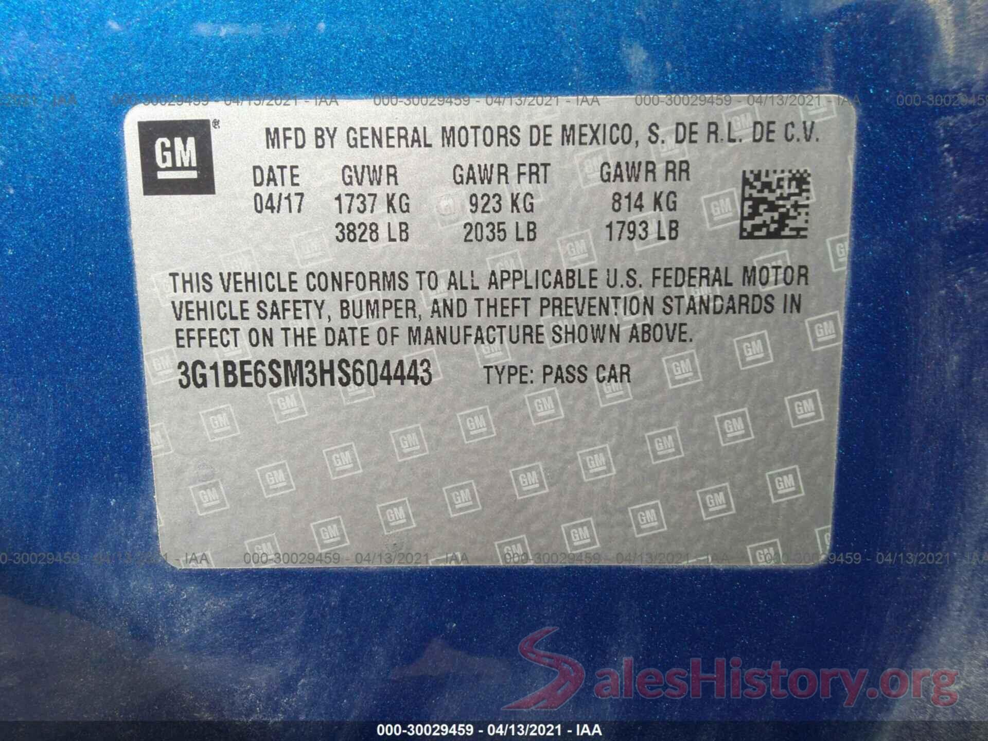 3G1BE6SM3HS604443 2017 CHEVROLET CRUZE