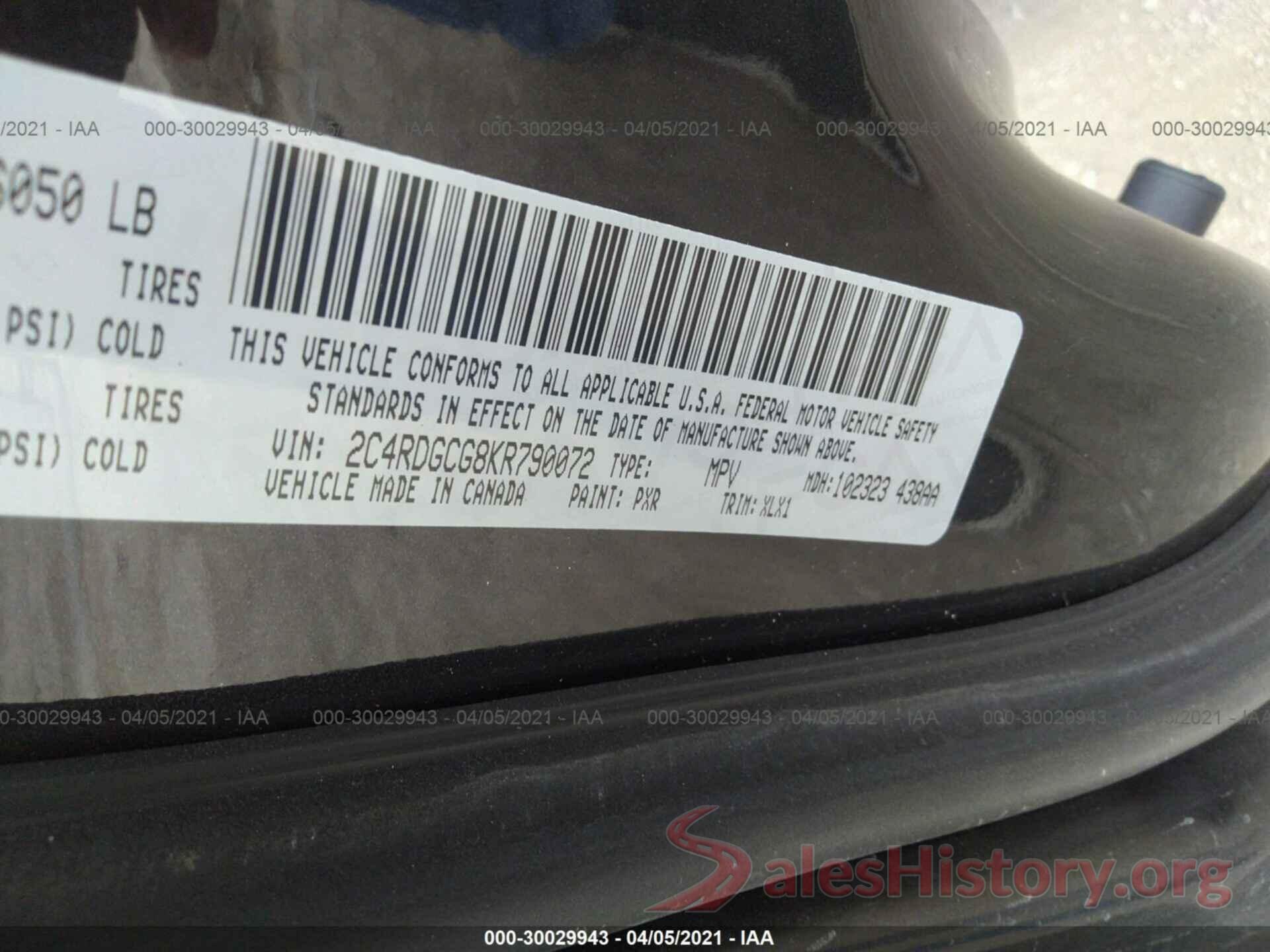 2C4RDGCG8KR790072 2019 DODGE GRAND CARAVAN