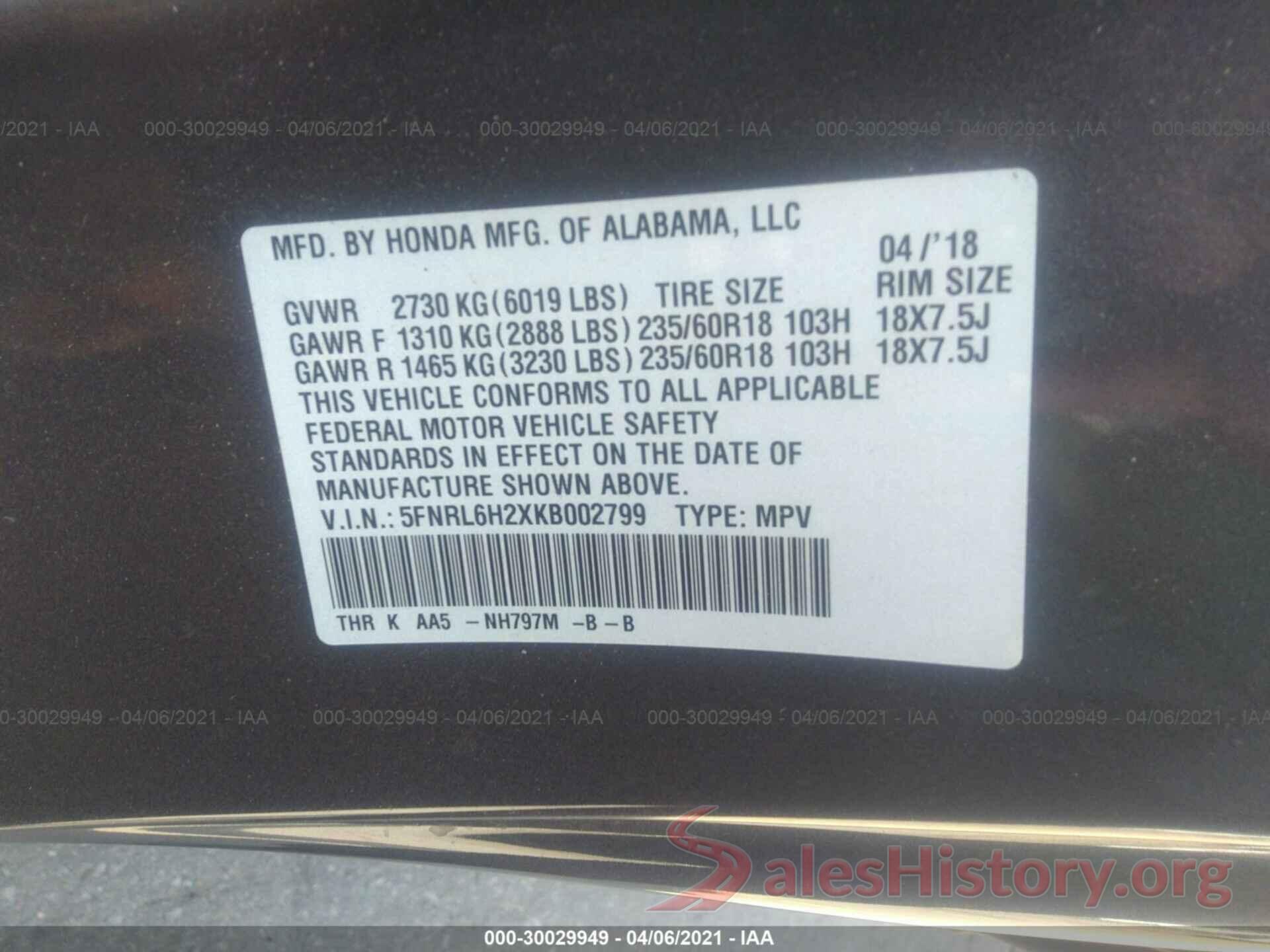 5FNRL6H2XKB002799 2019 HONDA ODYSSEY