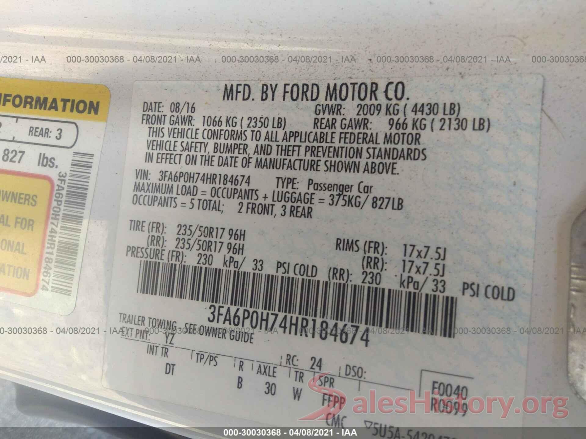 3FA6P0H74HR184674 2017 FORD FUSION