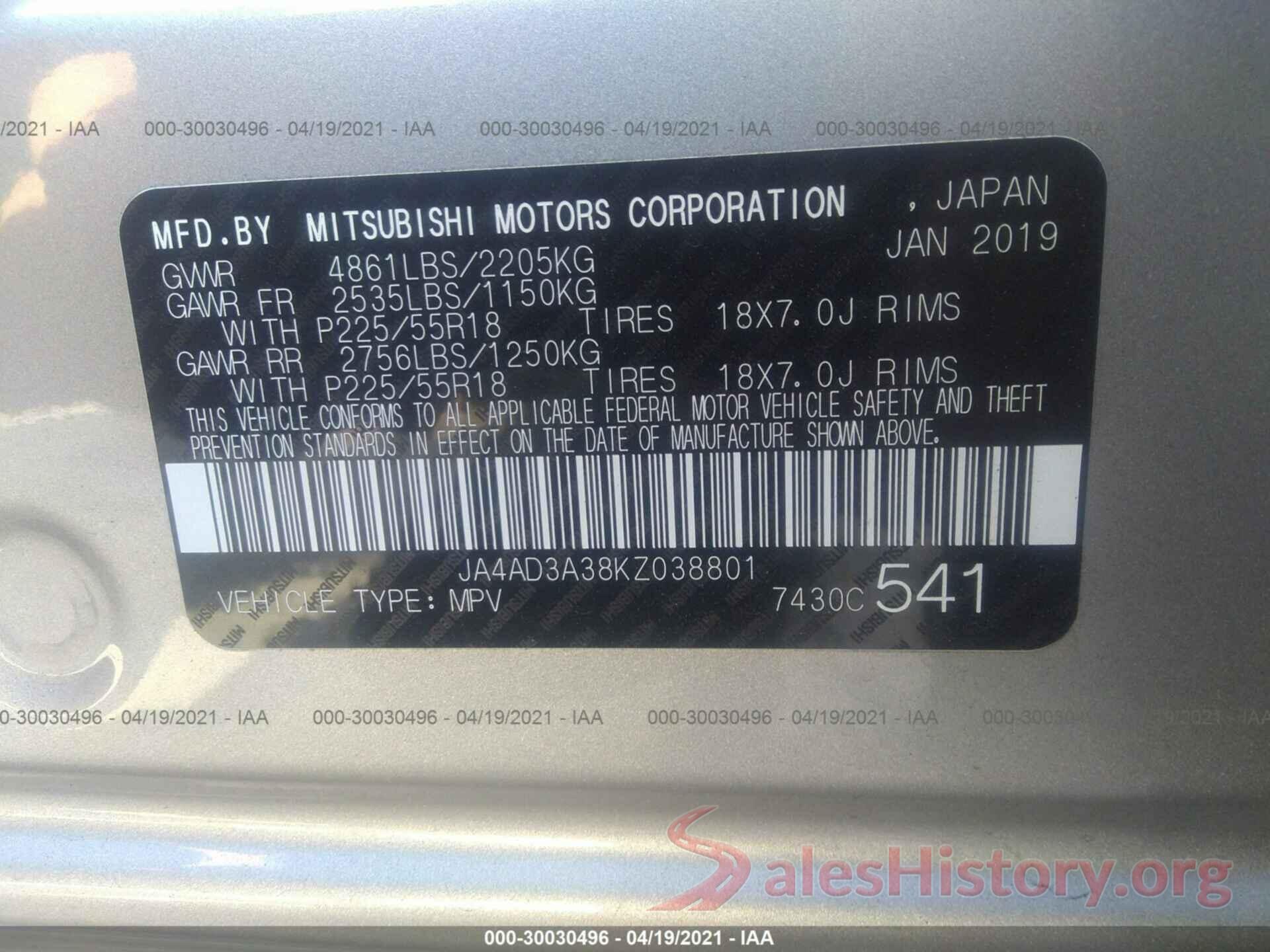 JA4AD3A38KZ038801 2019 MITSUBISHI OUTLANDER