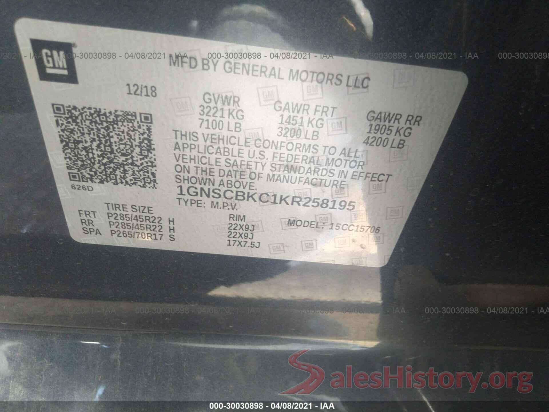 1GNSCBKC1KR258195 2019 CHEVROLET TAHOE