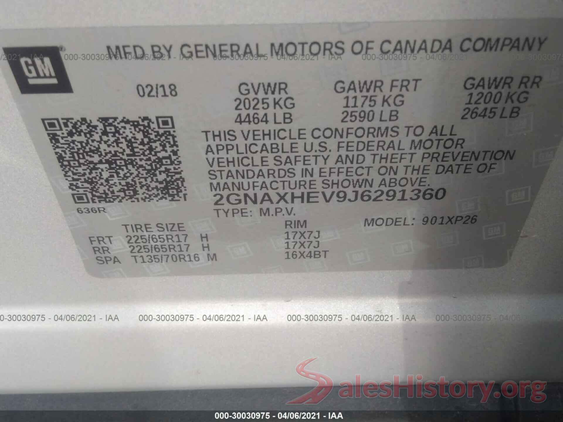 2GNAXHEV9J6291360 2018 CHEVROLET EQUINOX