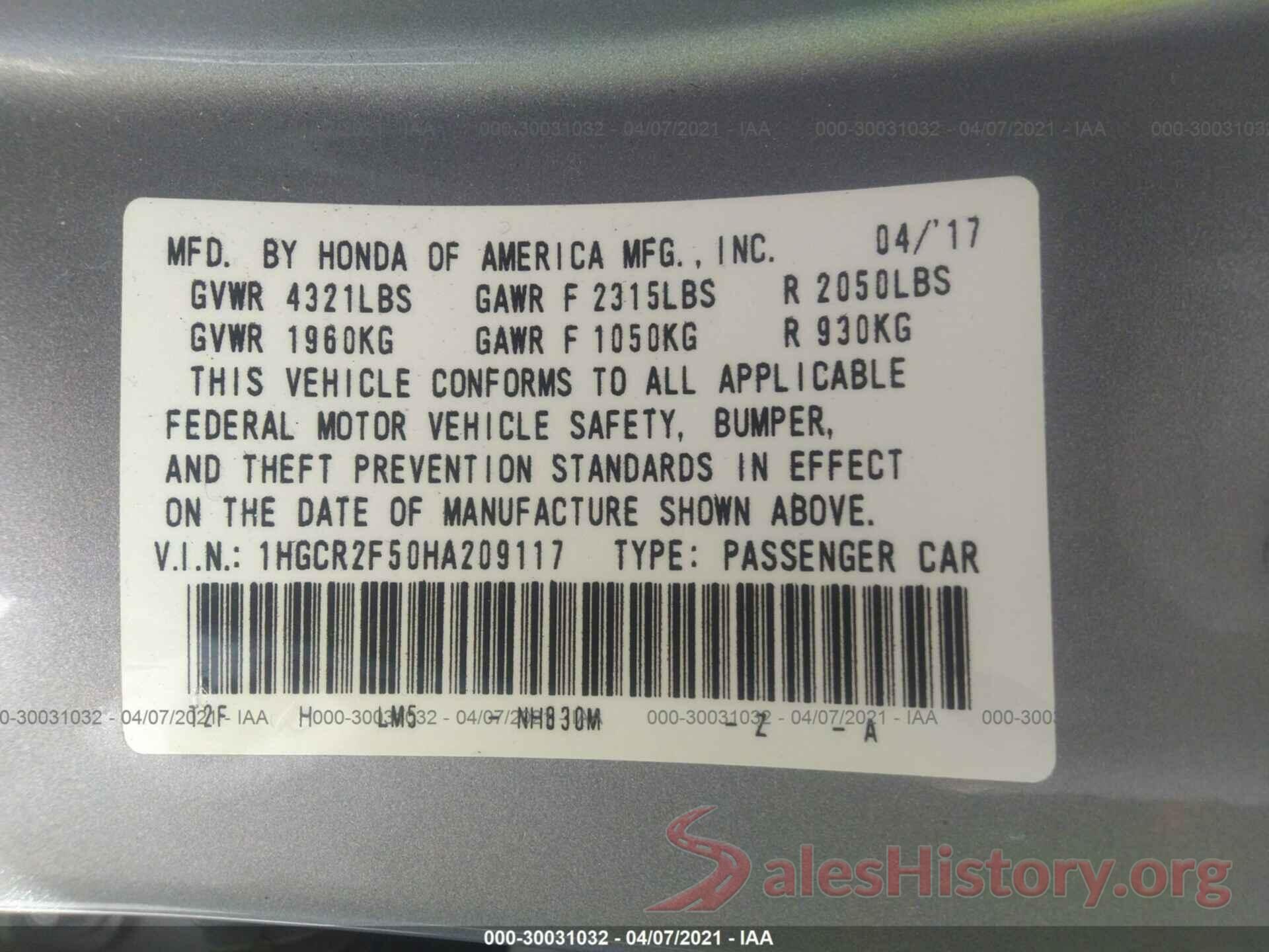 1HGCR2F50HA209117 2017 HONDA ACCORD SEDAN