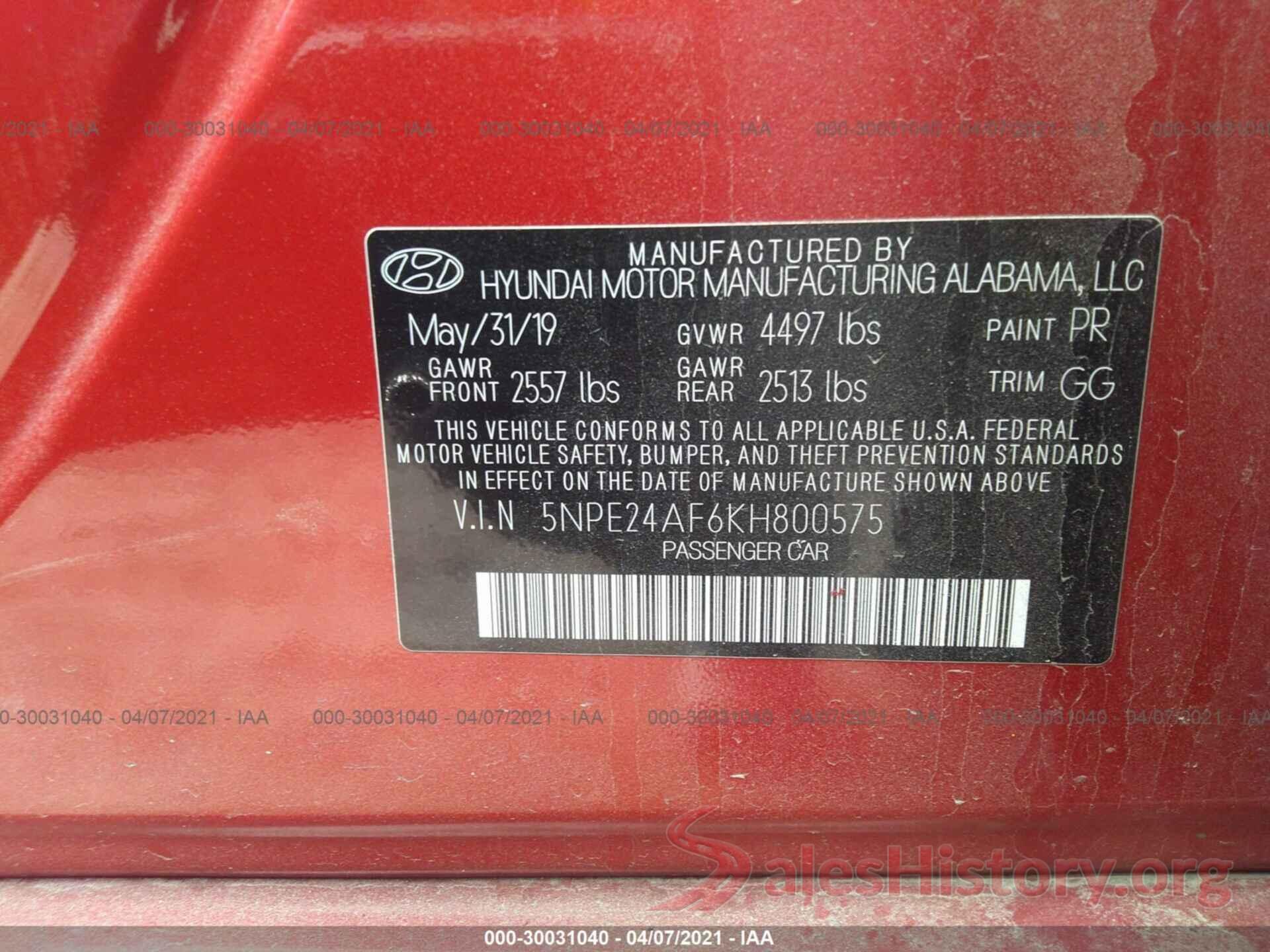 5NPE24AF6KH800575 2019 HYUNDAI SONATA