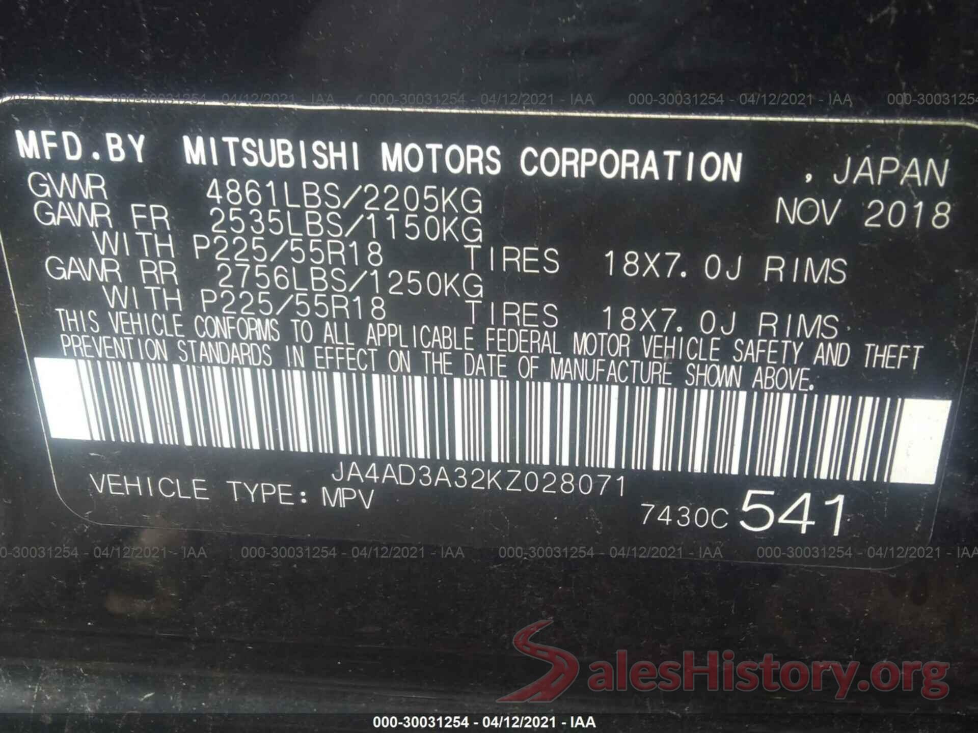 JA4AD3A32KZ028071 2019 MITSUBISHI OUTLANDER