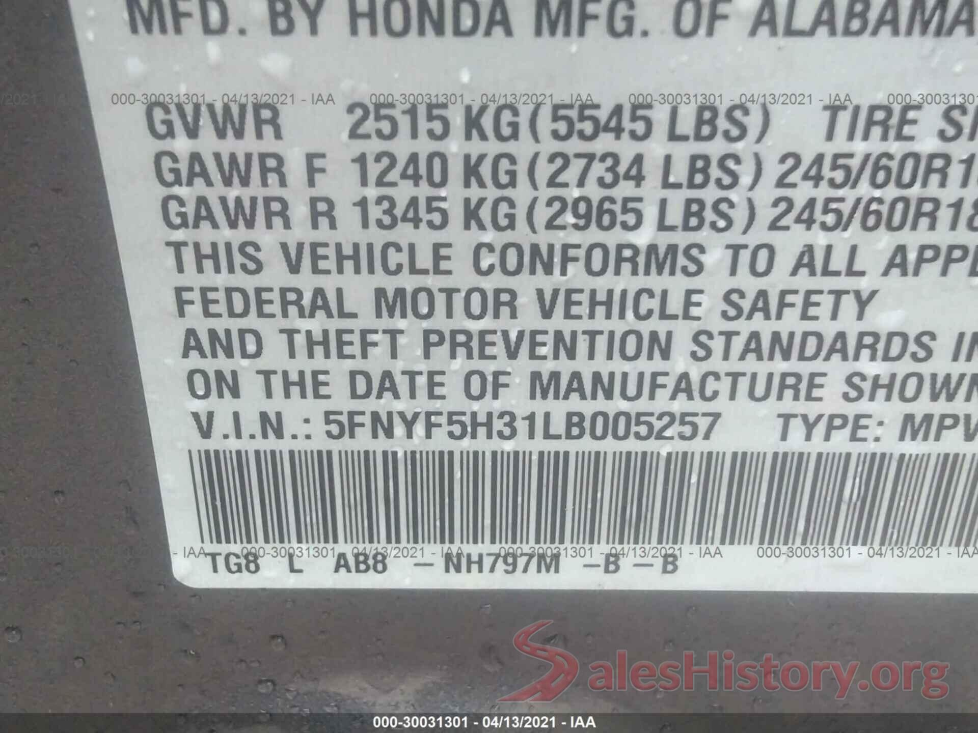 5FNYF5H31LB005257 2020 HONDA PILOT