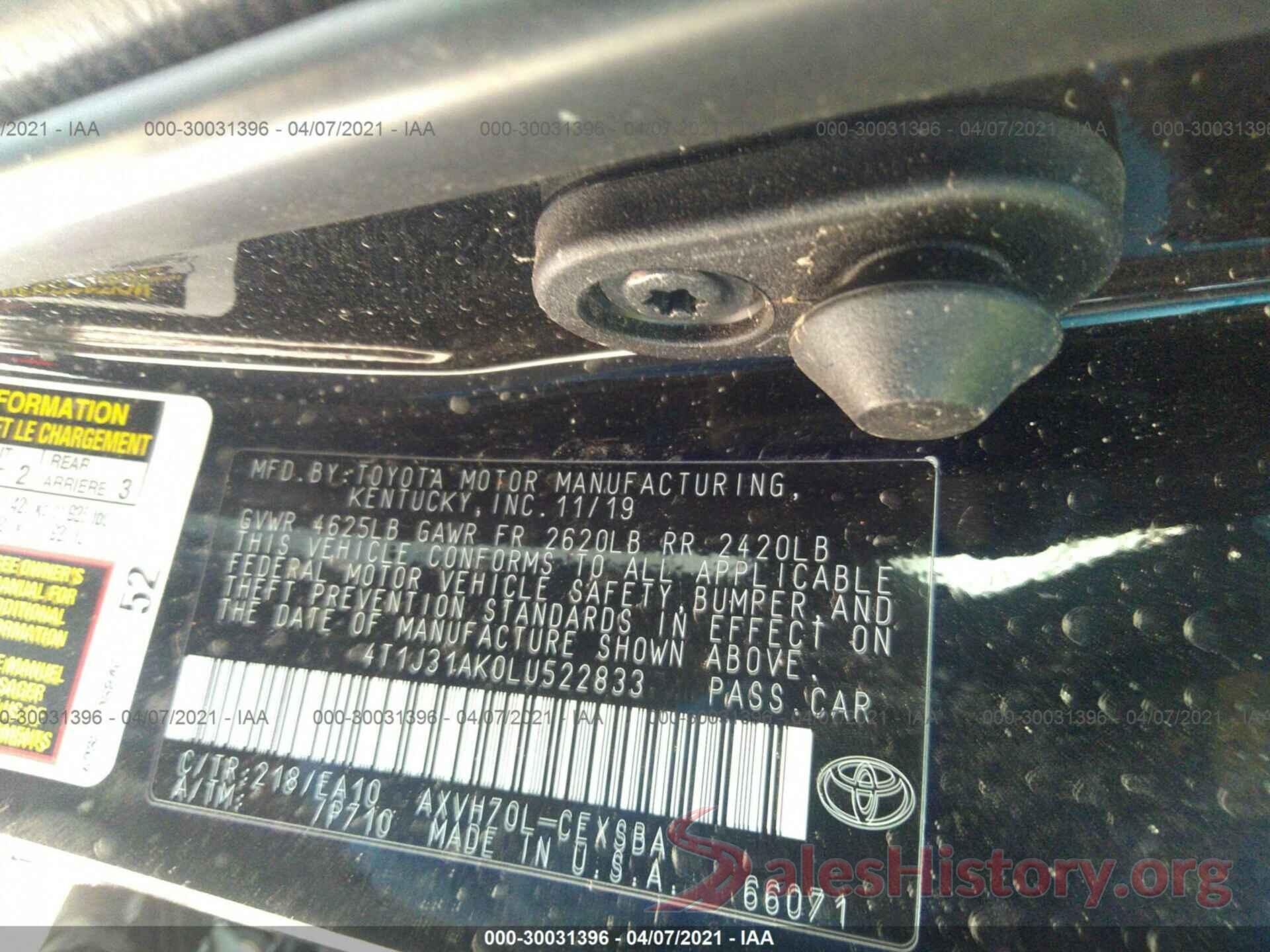 4T1J31AK0LU522833 2020 TOYOTA CAMRY