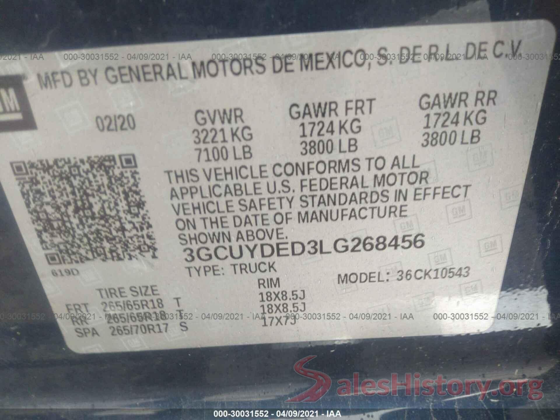 3GCUYDED3LG268456 2020 CHEVROLET SILVERADO 1500