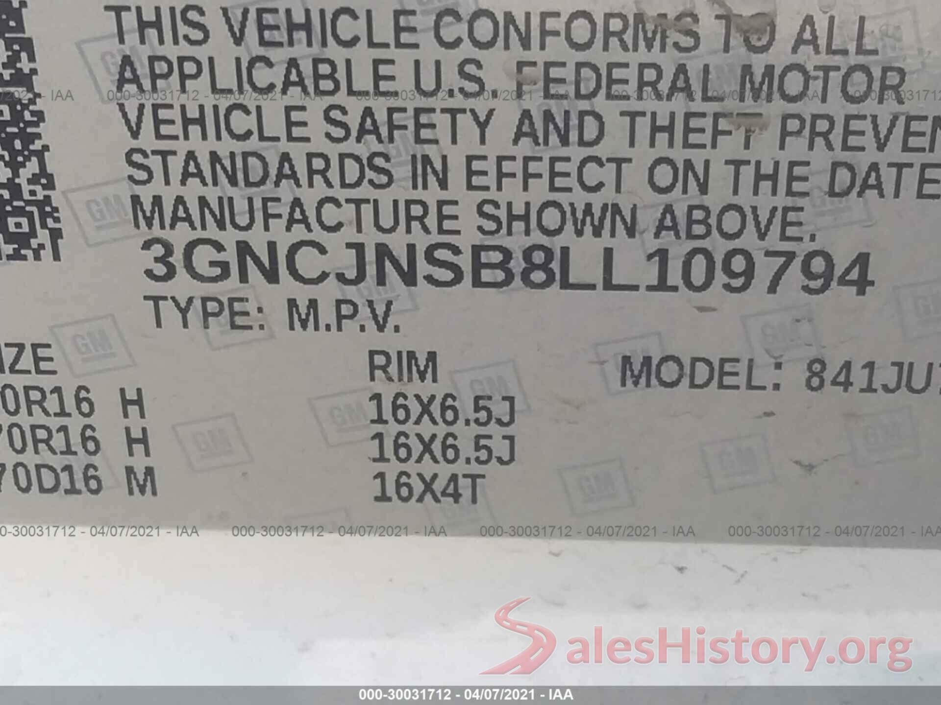 3GNCJNSB8LL109794 2020 CHEVROLET TRAX