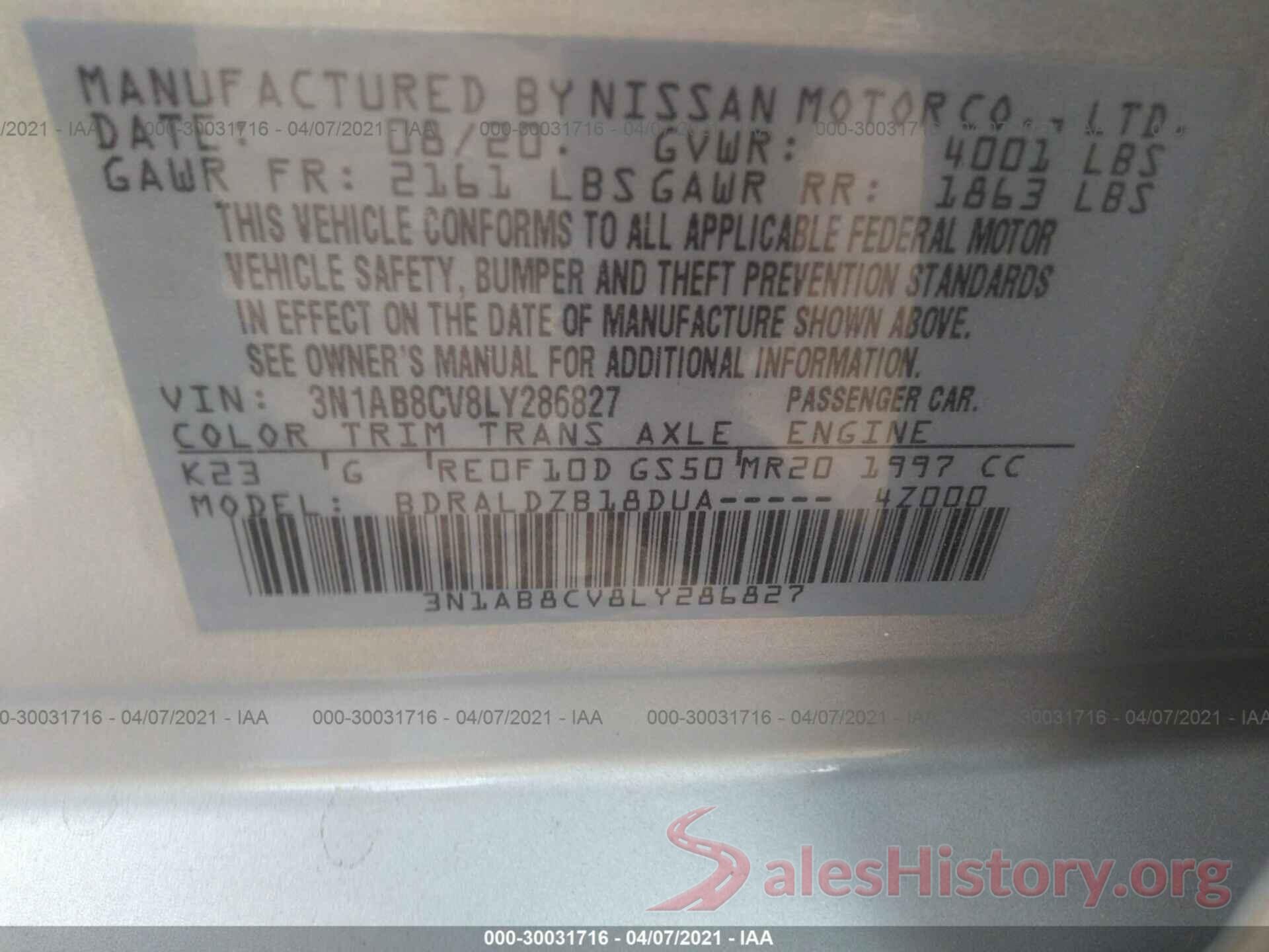 3N1AB8CV8LY286827 2020 NISSAN SENTRA