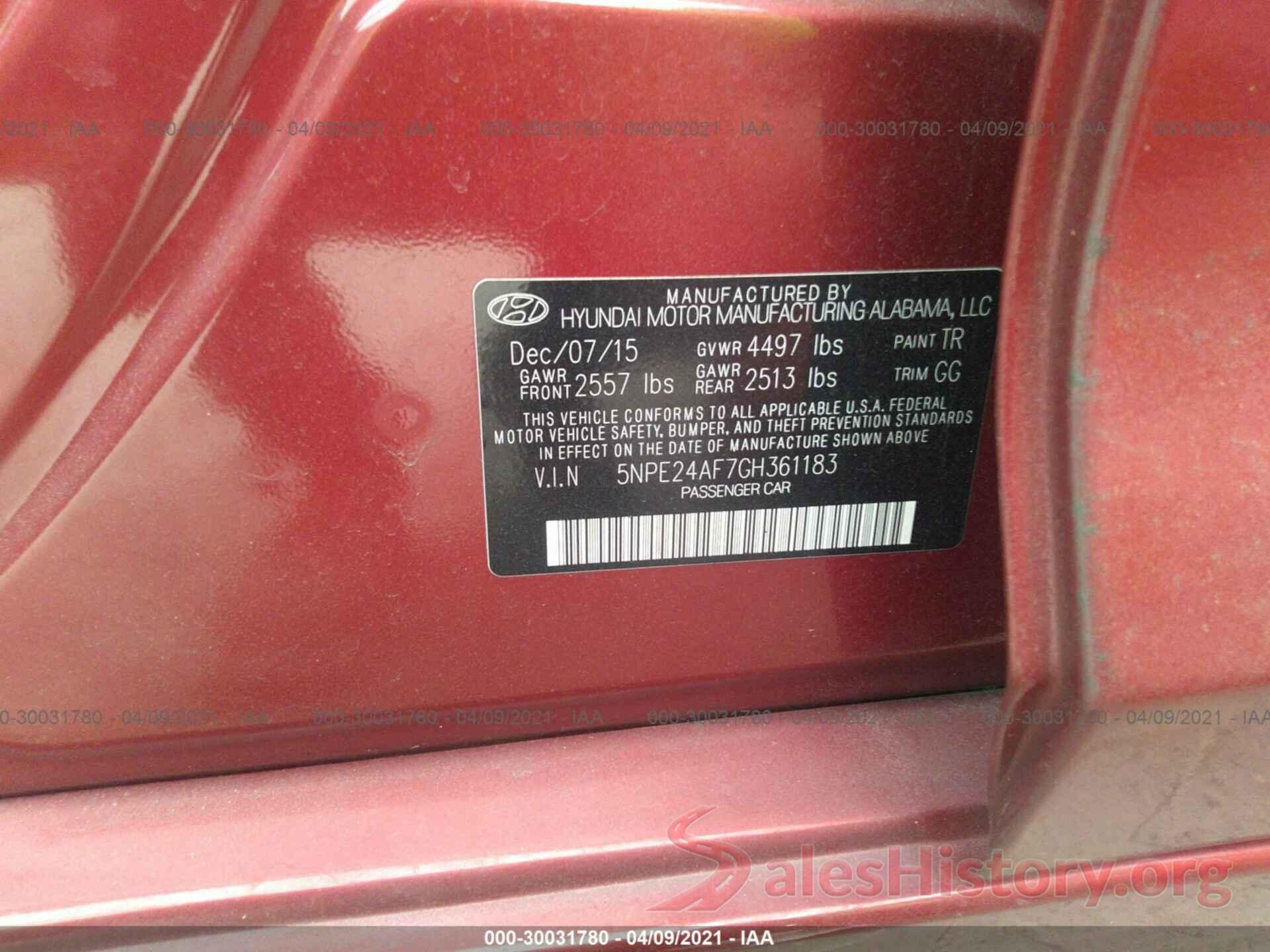 5NPE24AF7GH361183 2016 HYUNDAI SONATA