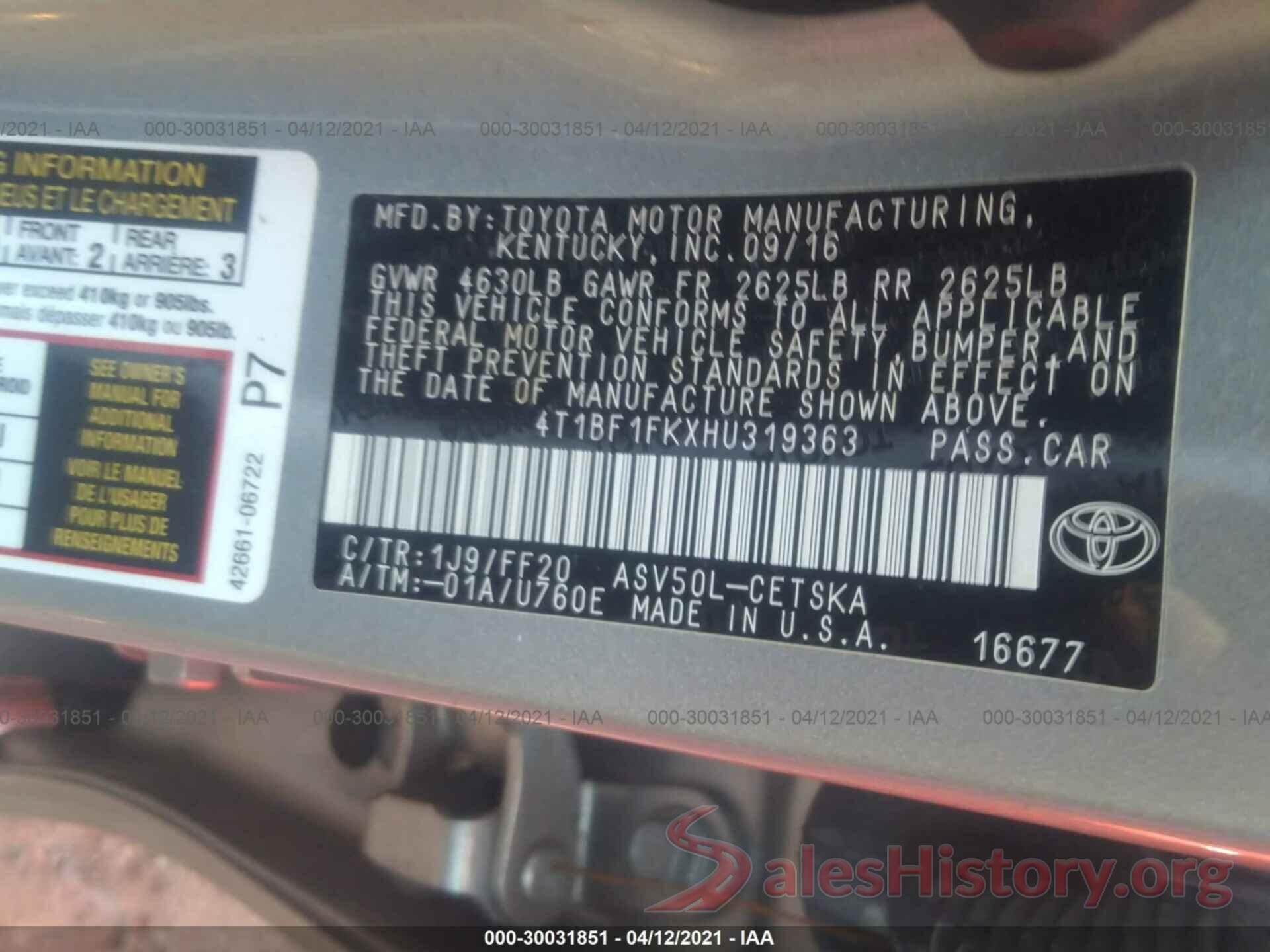 4T1BF1FKXHU319363 2017 TOYOTA CAMRY