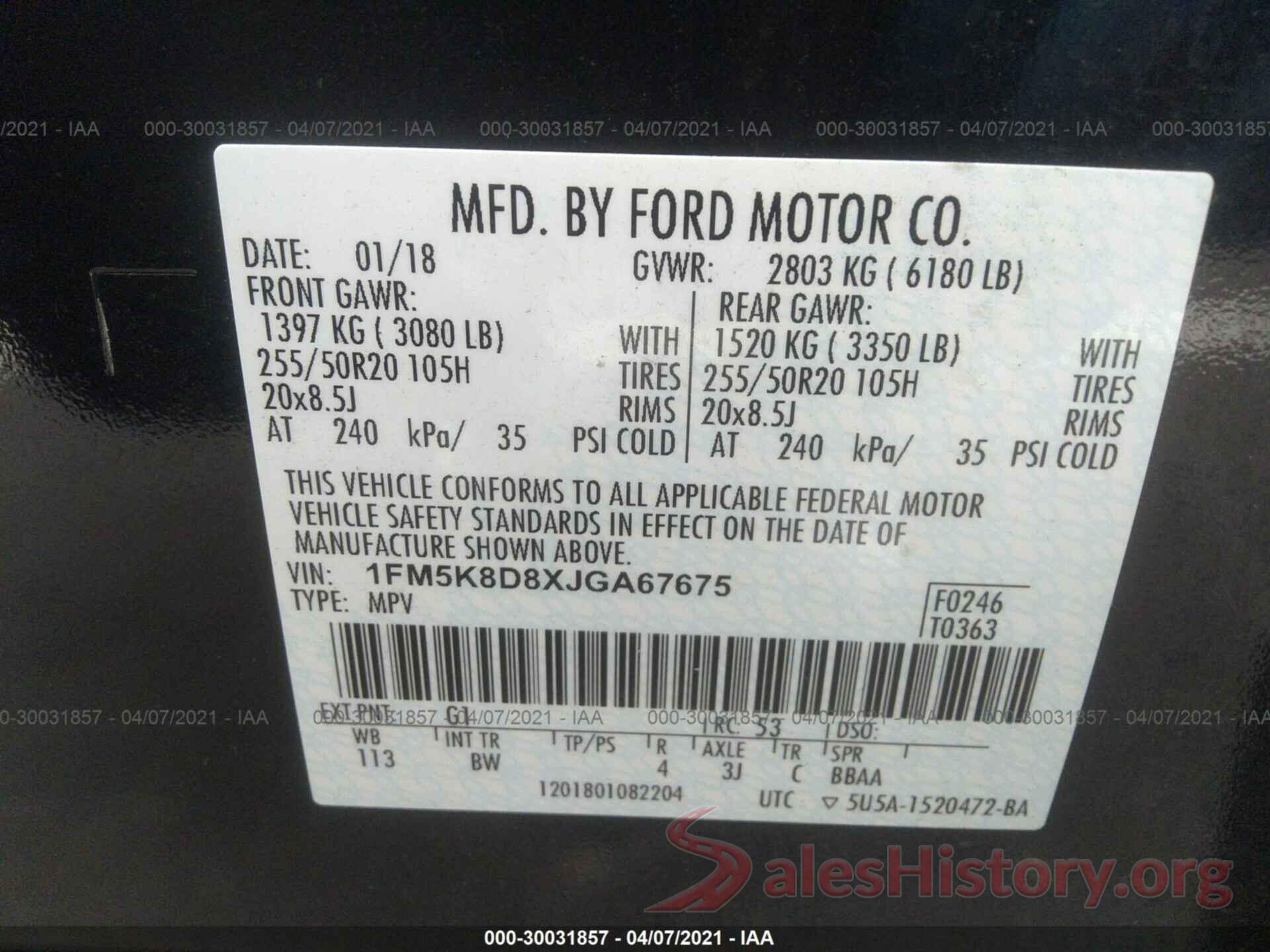 1FM5K8D8XJGA67675 2018 FORD EXPLORER