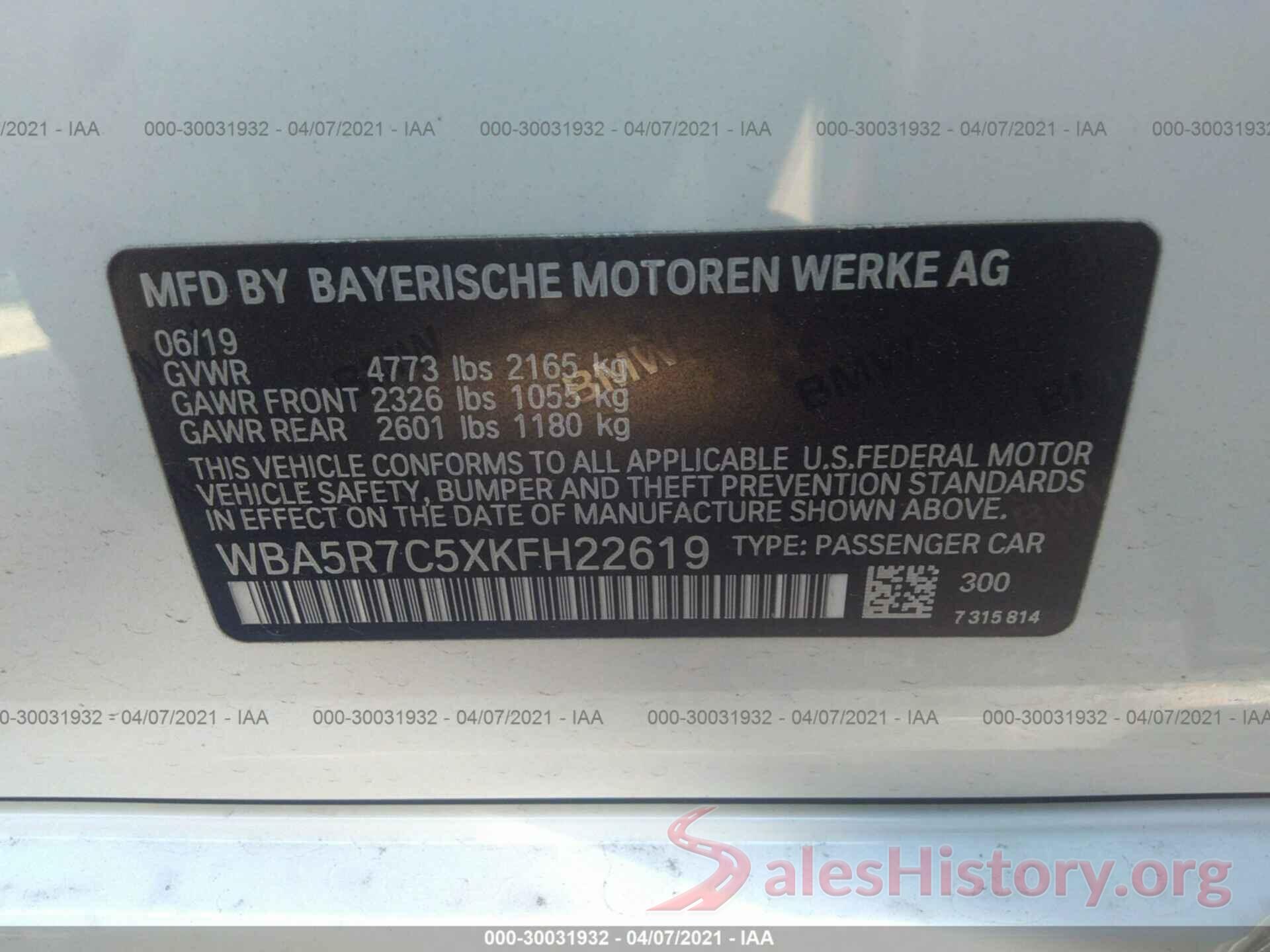 WBA5R7C5XKFH22619 2019 BMW 3 SERIES