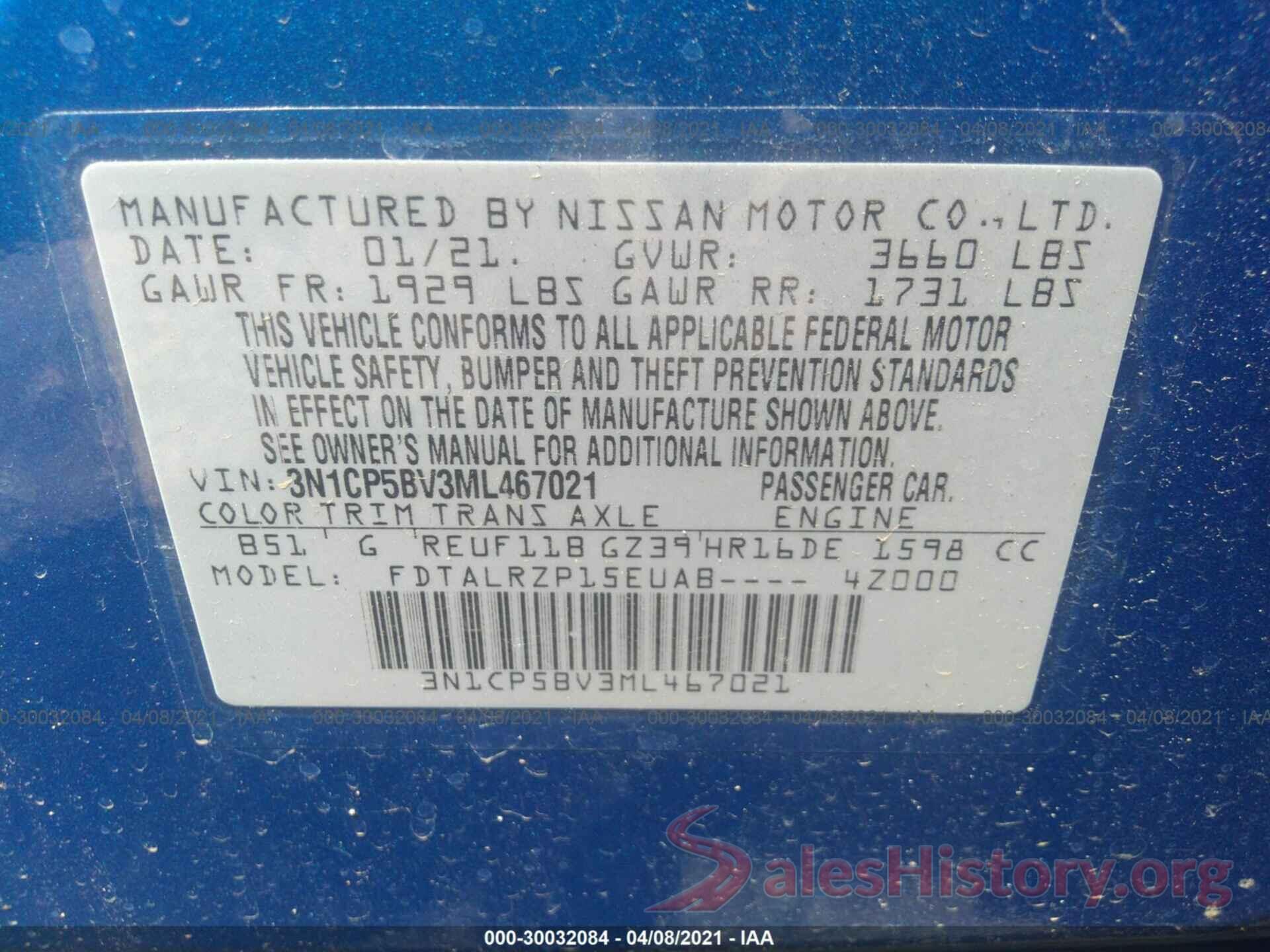 3N1CP5BV3ML467021 2021 NISSAN KICKS