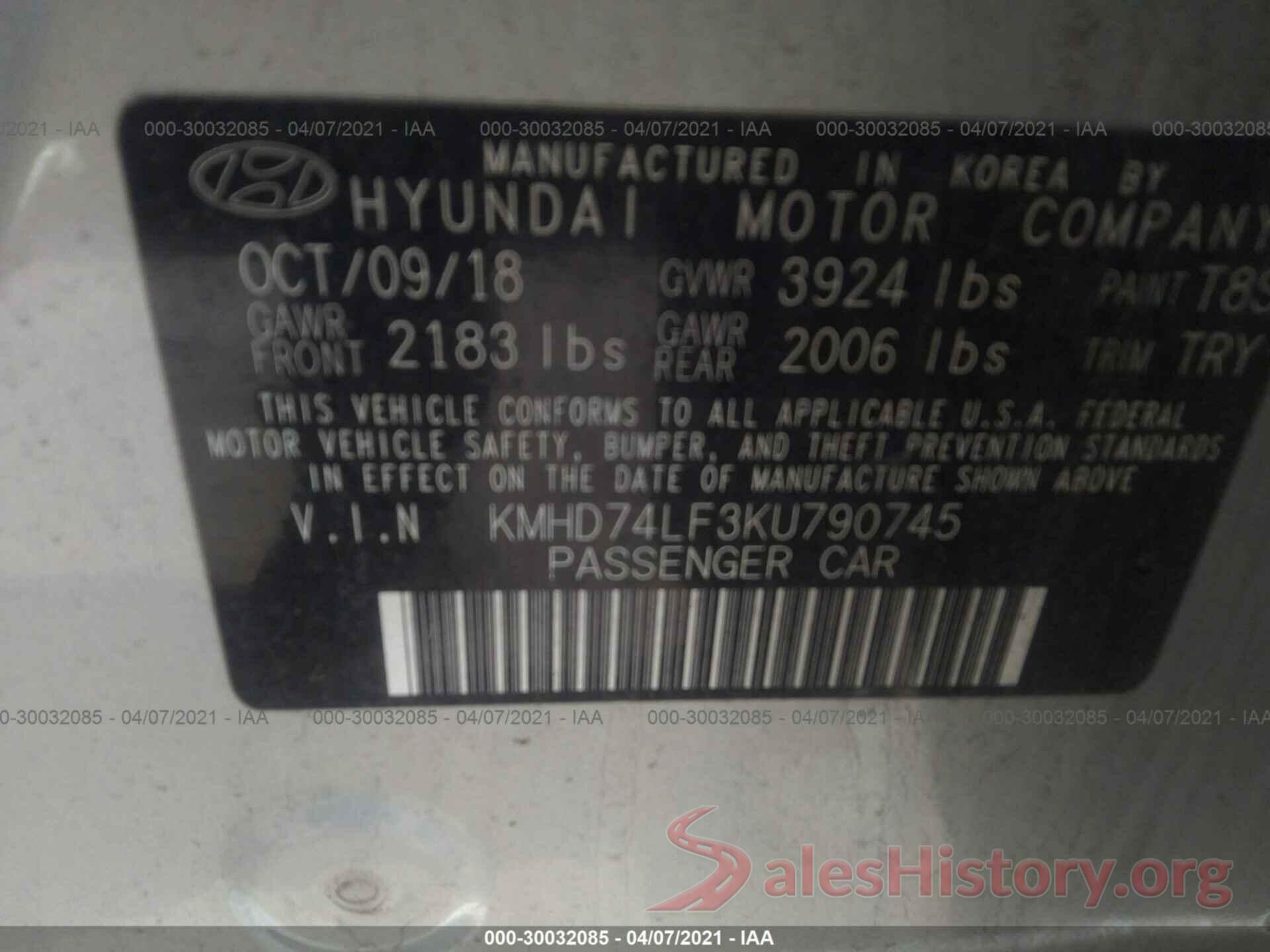 KMHD74LF3KU790745 2019 HYUNDAI ELANTRA