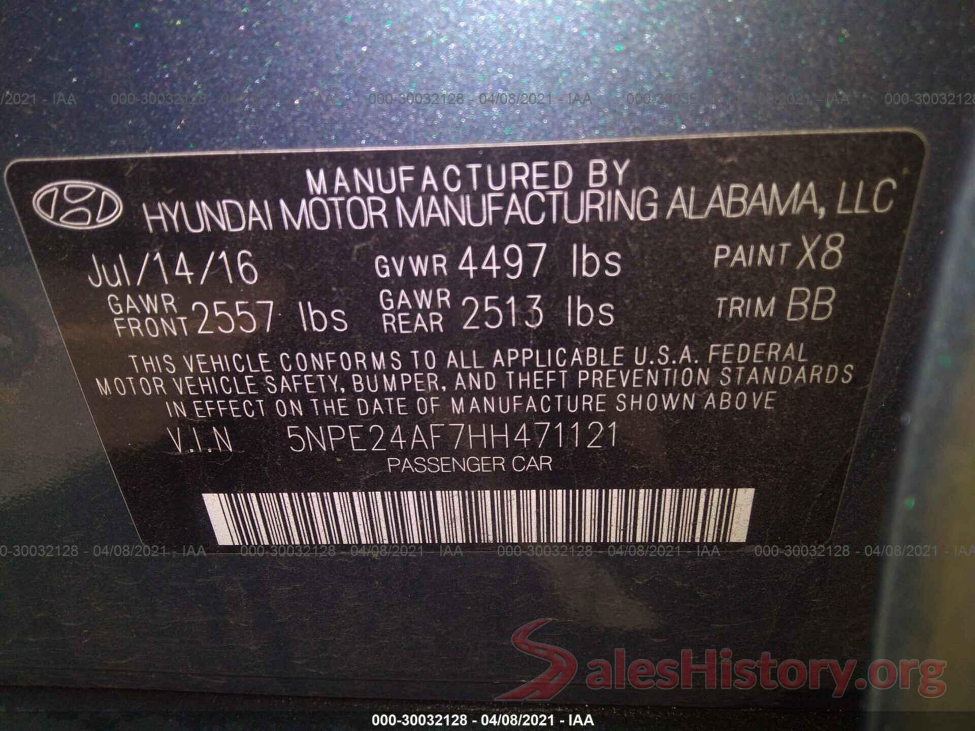 5NPE24AF7HH471121 2017 HYUNDAI SONATA