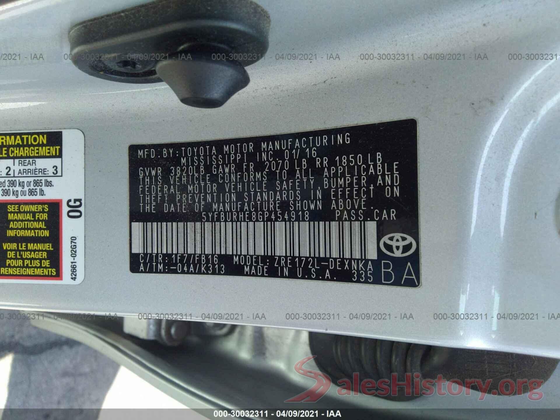 5YFBURHE8GP454918 2016 TOYOTA COROLLA