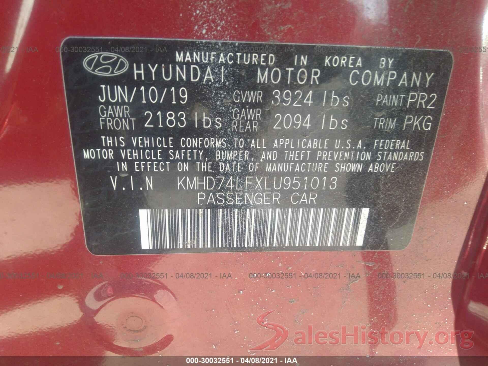 KMHD74LFXLU951013 2020 HYUNDAI ELANTRA