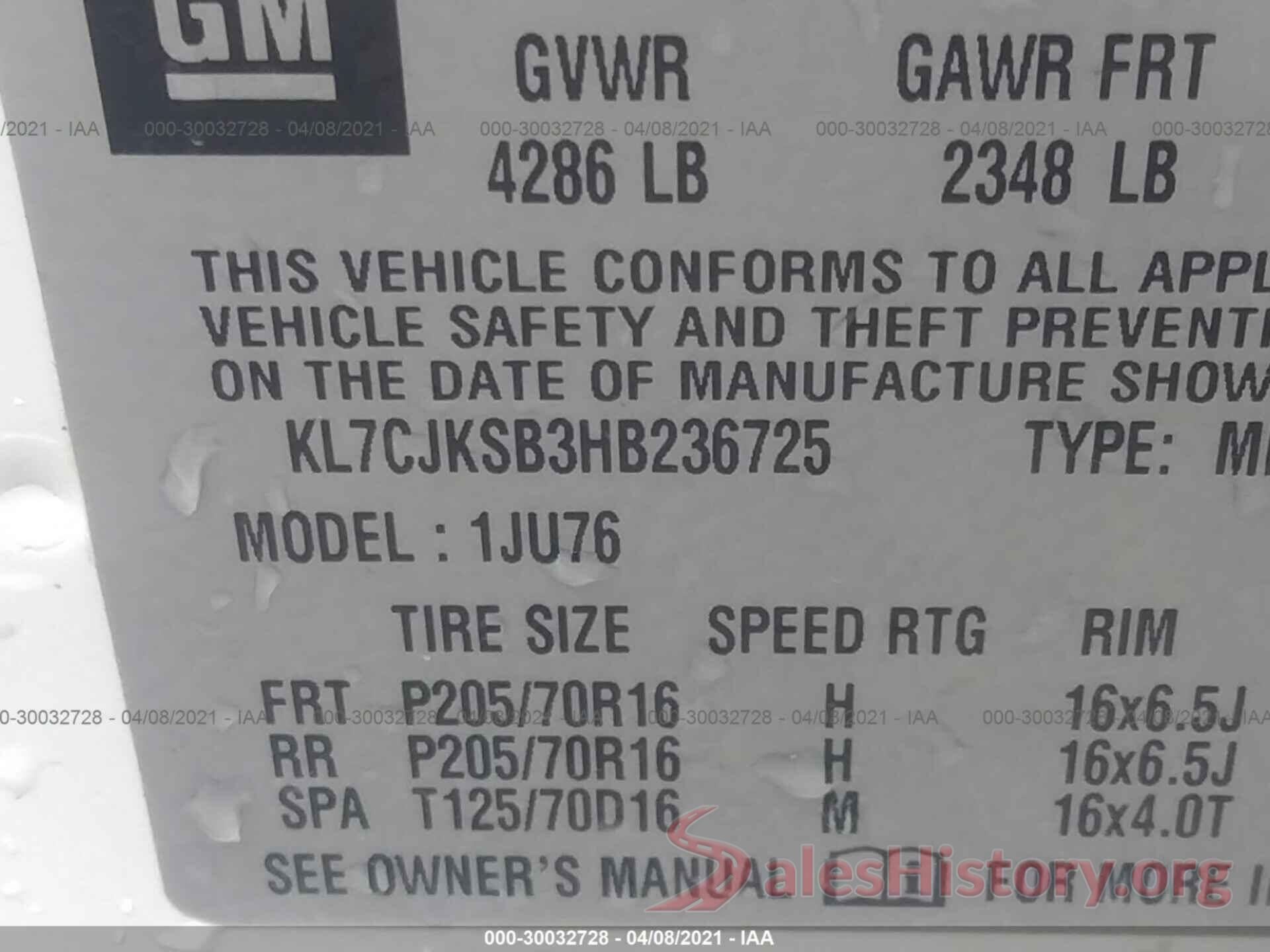 KL7CJKSB3HB236725 2017 CHEVROLET TRAX