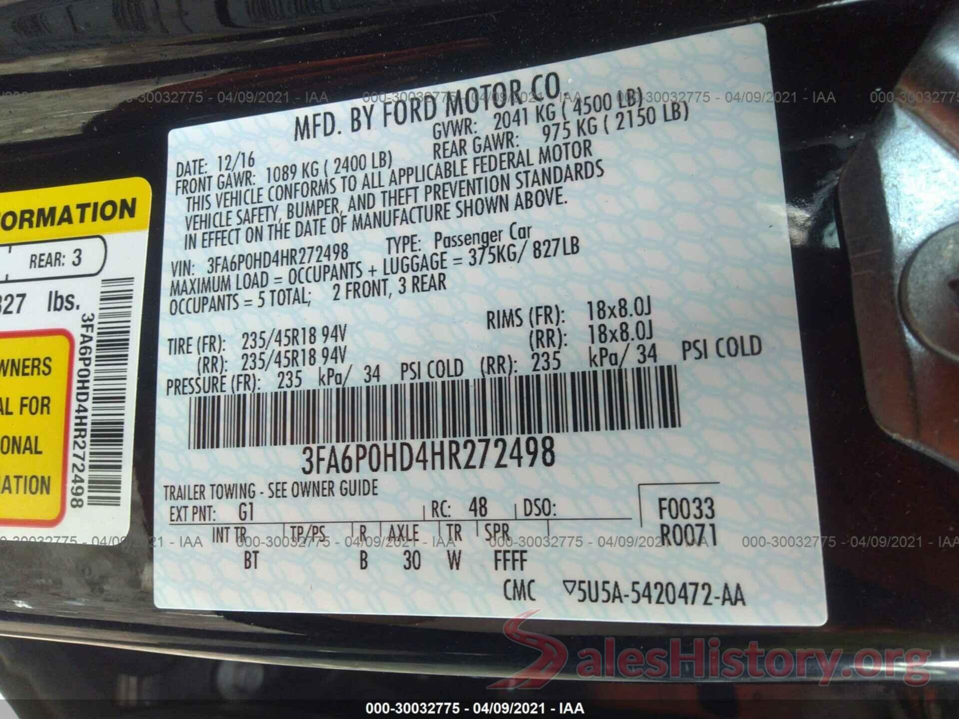 3FA6P0HD4HR272498 2017 FORD FUSION